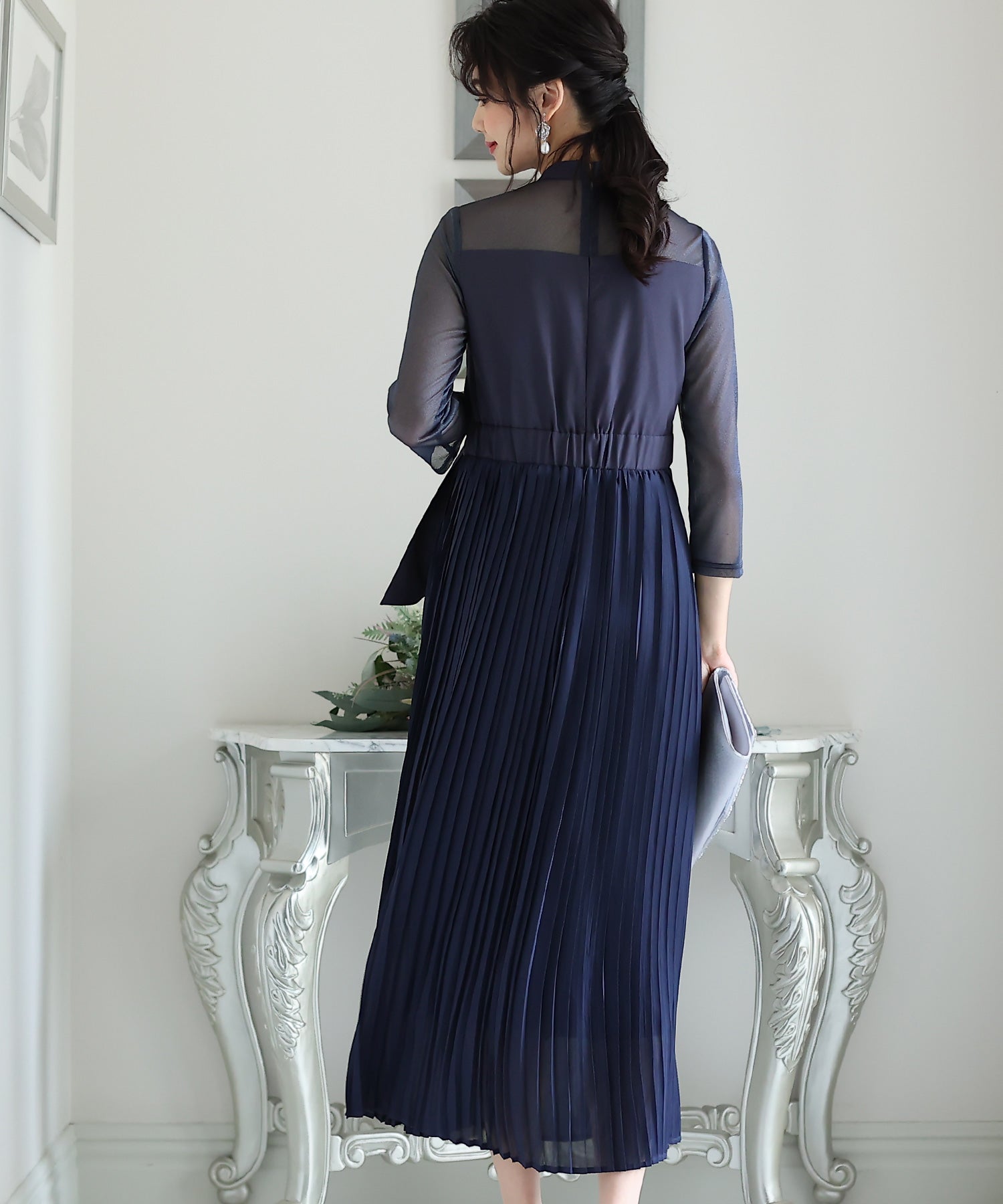 プールヴー PourVous ミモレ丈&七分袖フォーマルビスチェセレモニー結婚式パーティードレス ワンピース 20代 30代 40代 （ネイビー） ネイビー