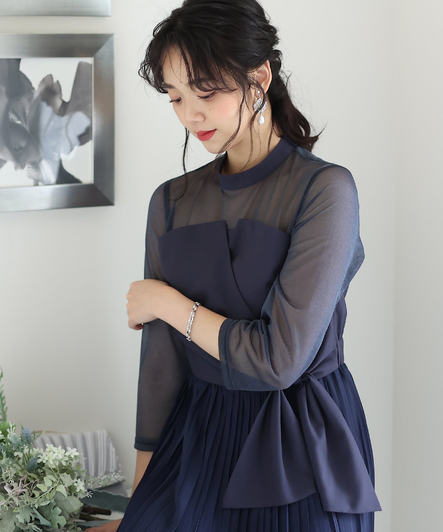プールヴー PourVous ミモレ丈&七分袖フォーマルビスチェセレモニー結婚式パーティードレス ワンピース 20代 30代 40代 （ネイビー） ネイビー