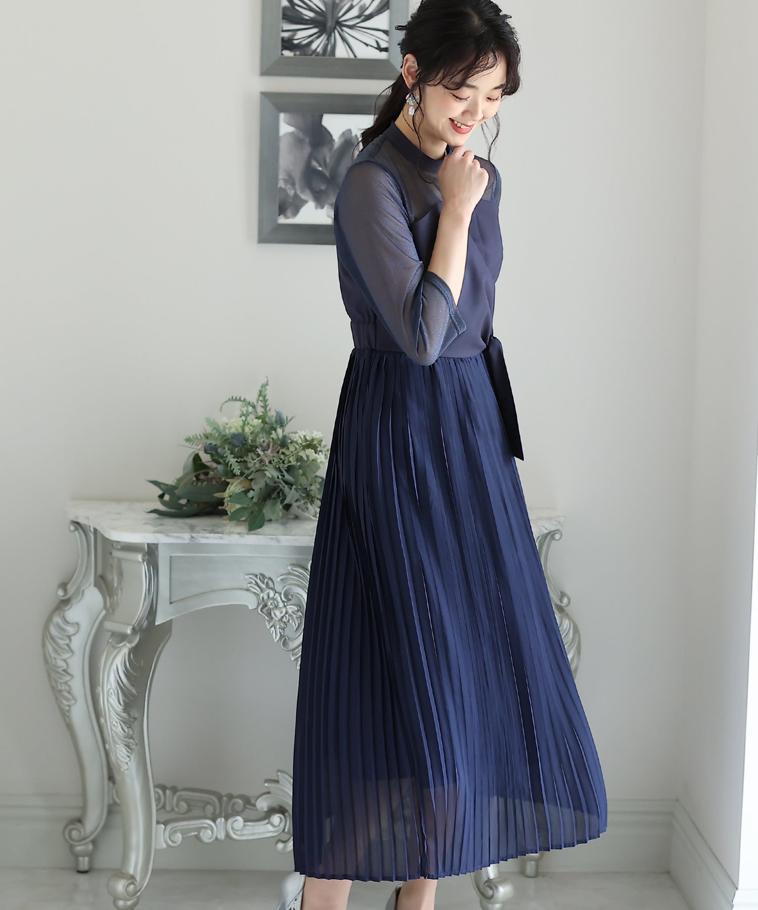 プールヴー PourVous ミモレ丈&七分袖フォーマルビスチェセレモニー結婚式パーティードレス ワンピース 20代 30代 40代 （ネイビー） ネイビー