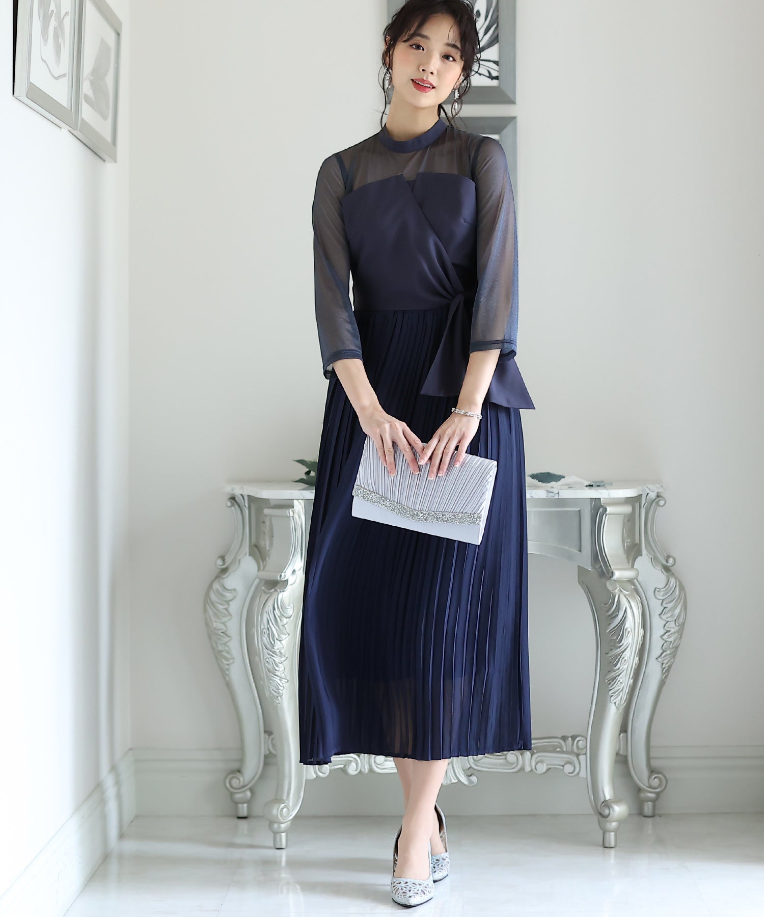 プールヴー PourVous ミモレ丈&七分袖フォーマルビスチェセレモニー結婚式パーティードレス ワンピース 20代 30代 40代 （ネイビー） ネイビー