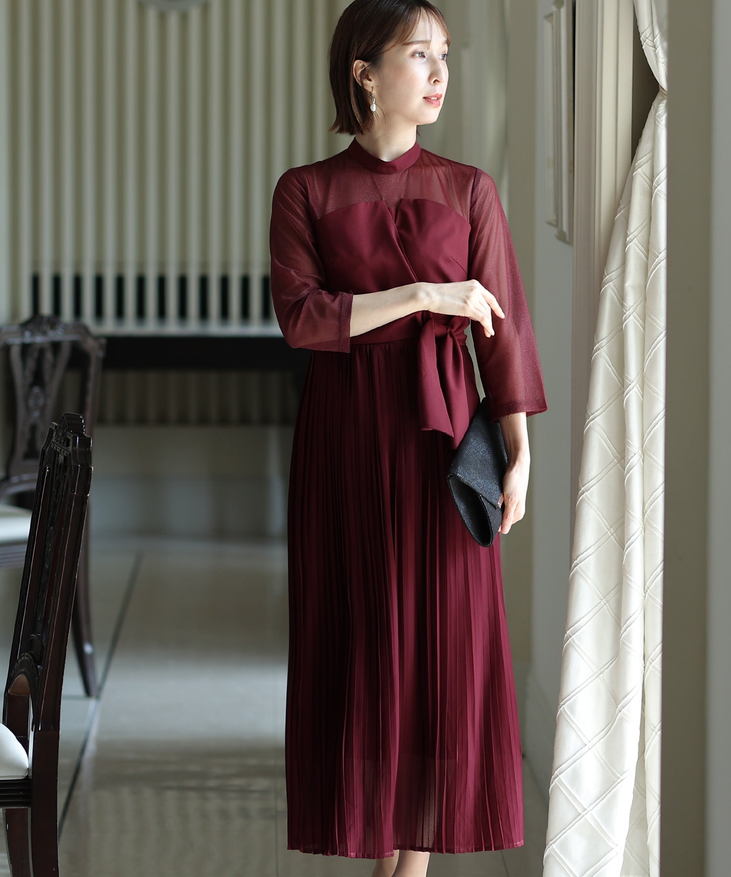プールヴー PourVous ミモレ丈&七分袖フォーマルビスチェセレモニー結婚式パーティードレス ワンピース 20代 30代 40代 （ボルドー） ボルドー