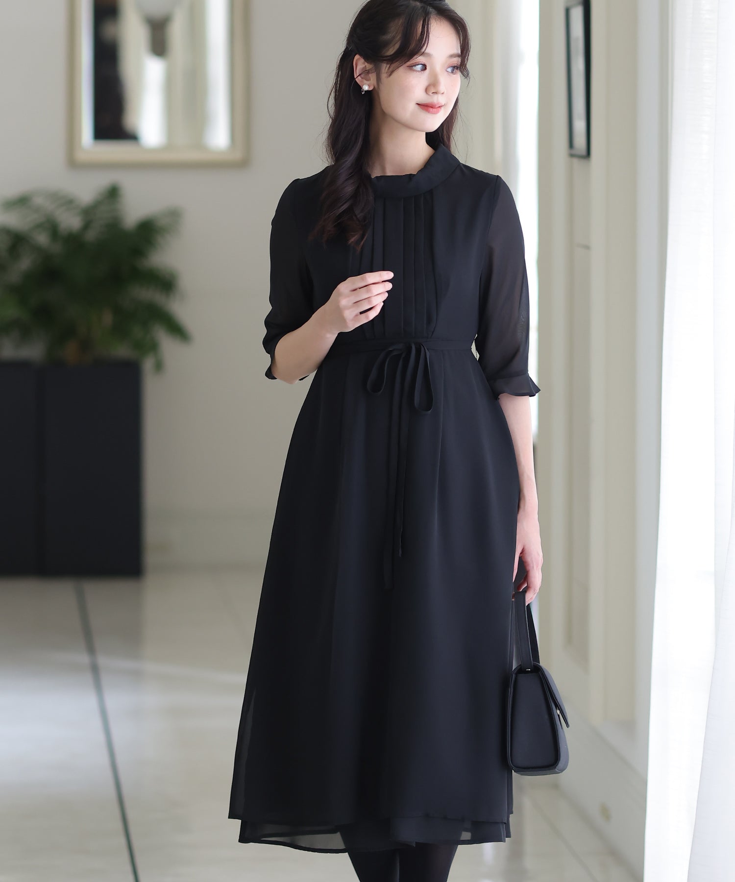 プールヴー PourVous 結婚式パーティードレスフロントタック七分袖&ミモレ丈大きいサイズフォーマル ワンピース 20代 30代 40代