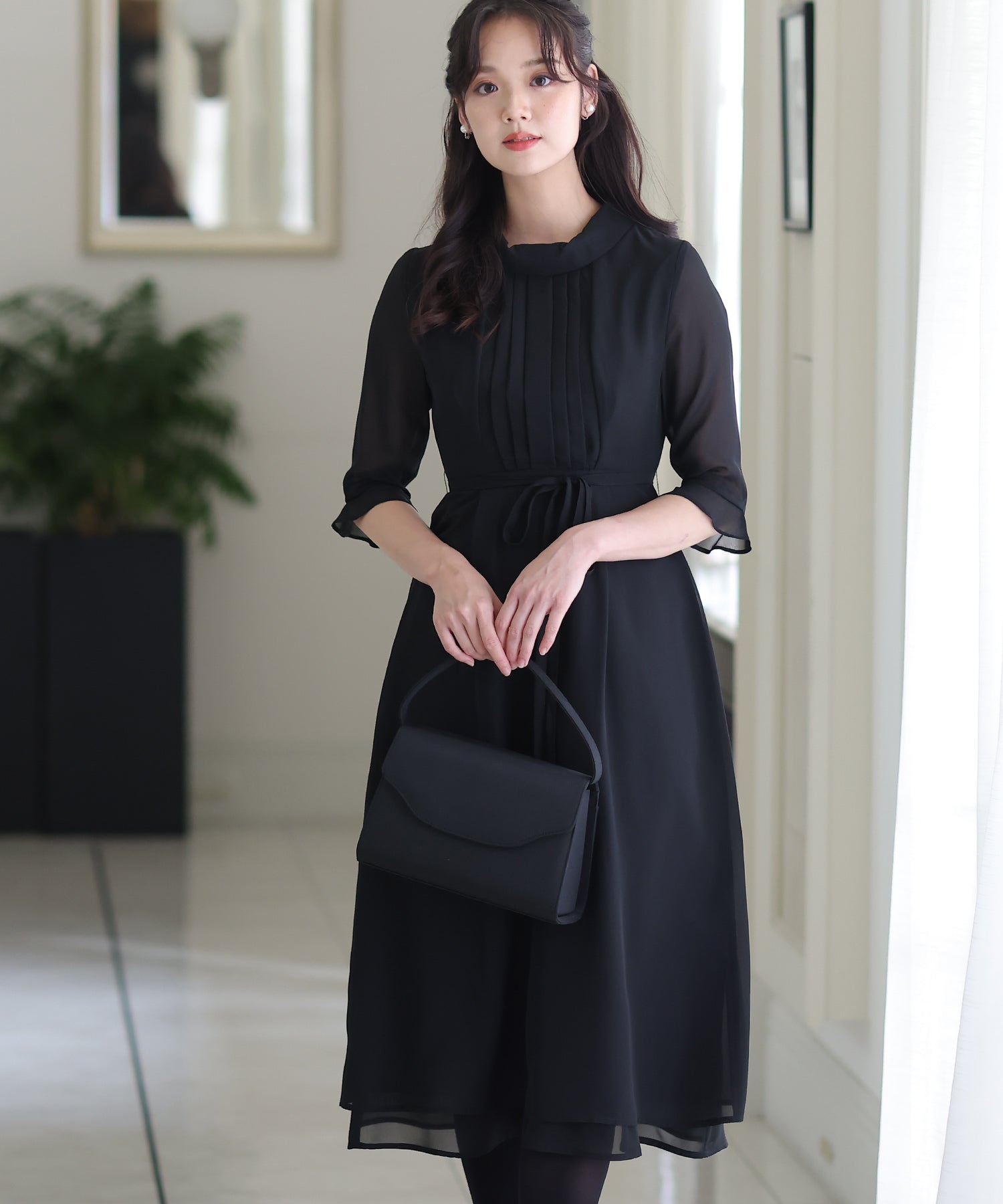 プールヴー PourVous 結婚式パーティードレスフロントタック七分袖&ミモレ丈大きいサイズフォーマル ワンピース 20代 30代 40代