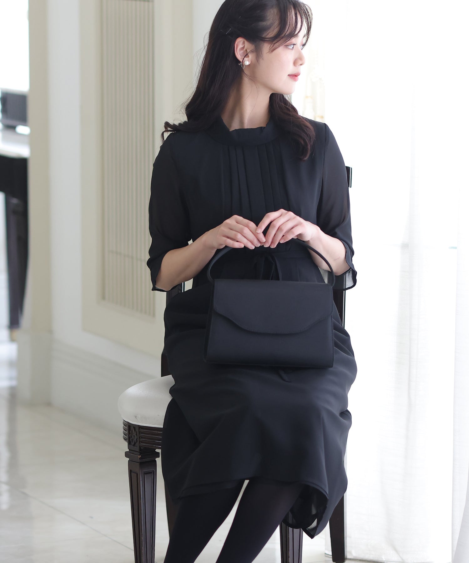 プールヴー PourVous 結婚式パーティードレスフロントタック七分袖&ミモレ丈大きいサイズフォーマル ワンピース 20代 30代 40代