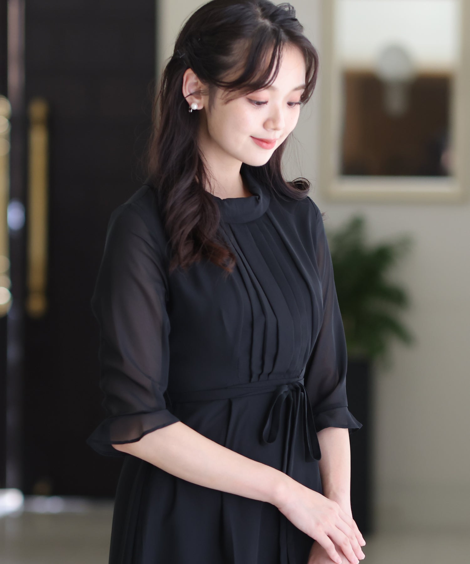 プールヴー PourVous 結婚式パーティードレスフロントタック七分袖&ミモレ丈大きいサイズフォーマル ワンピース 20代 30代 40代