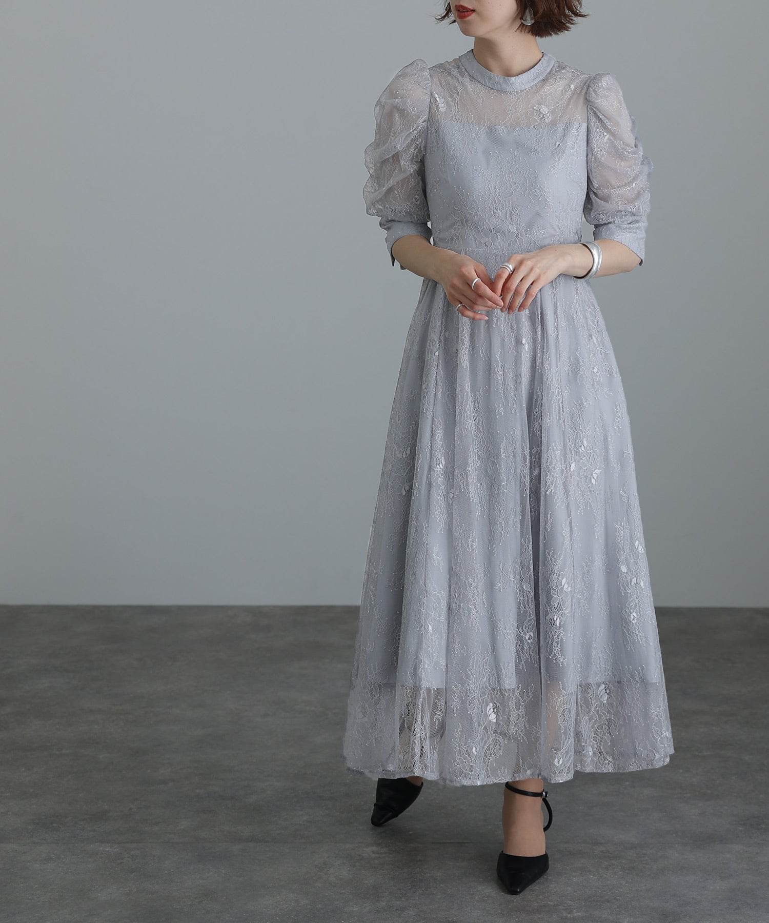 プールヴー PourVous ボリュームスリーブパーティードレスセレモニー七分袖&ミモレ丈結婚式フォーマル ワンピース 20代 30代 40代 （ブルーグレー） ブルーグレー