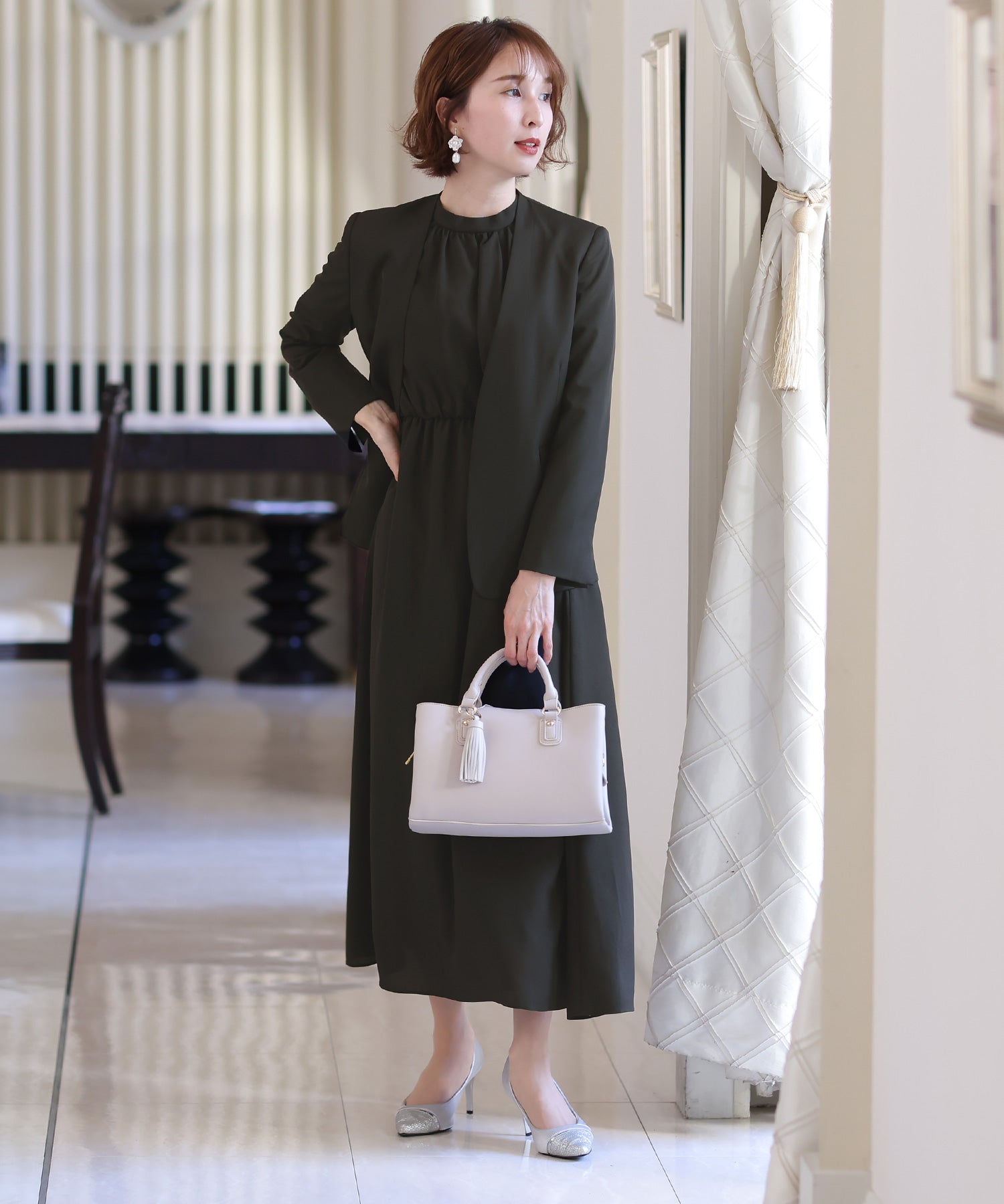 プールヴー PourVous プチハイネックワンピース×ノーカラージャケットセット