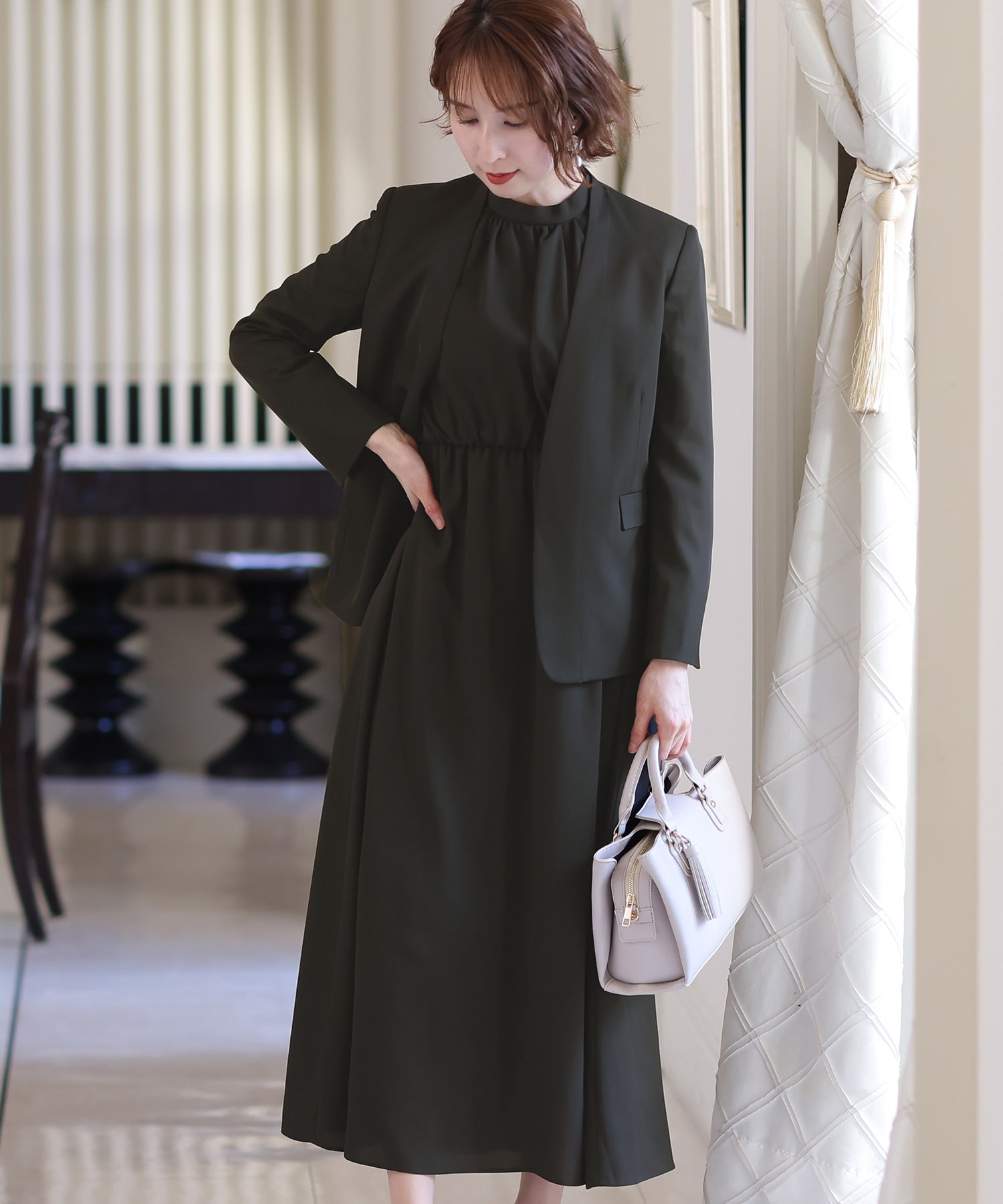 プールヴー PourVous プチハイネックワンピース×ノーカラージャケットセット