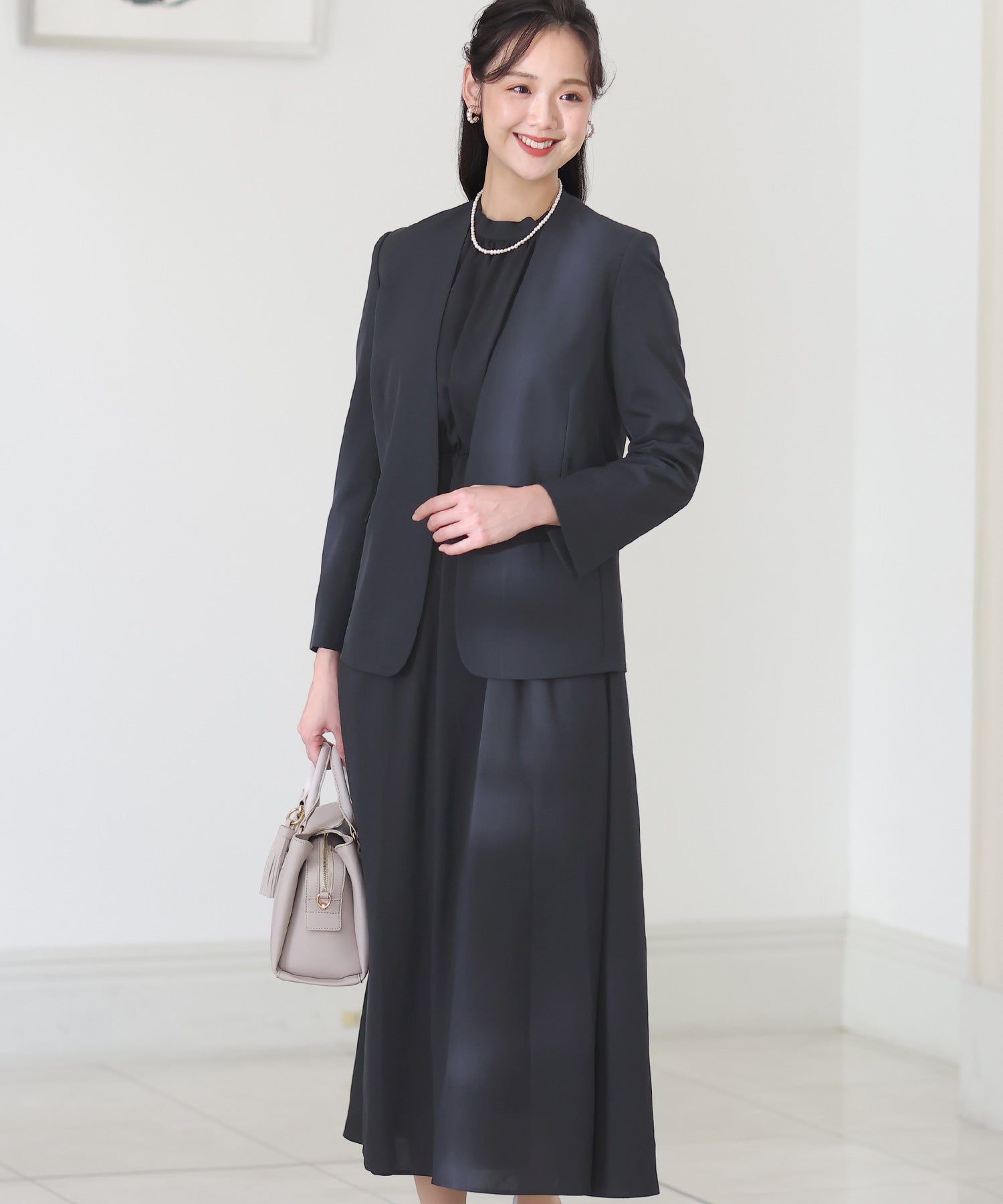 プールヴー PourVous プチハイネックワンピース×ノーカラージャケットセット