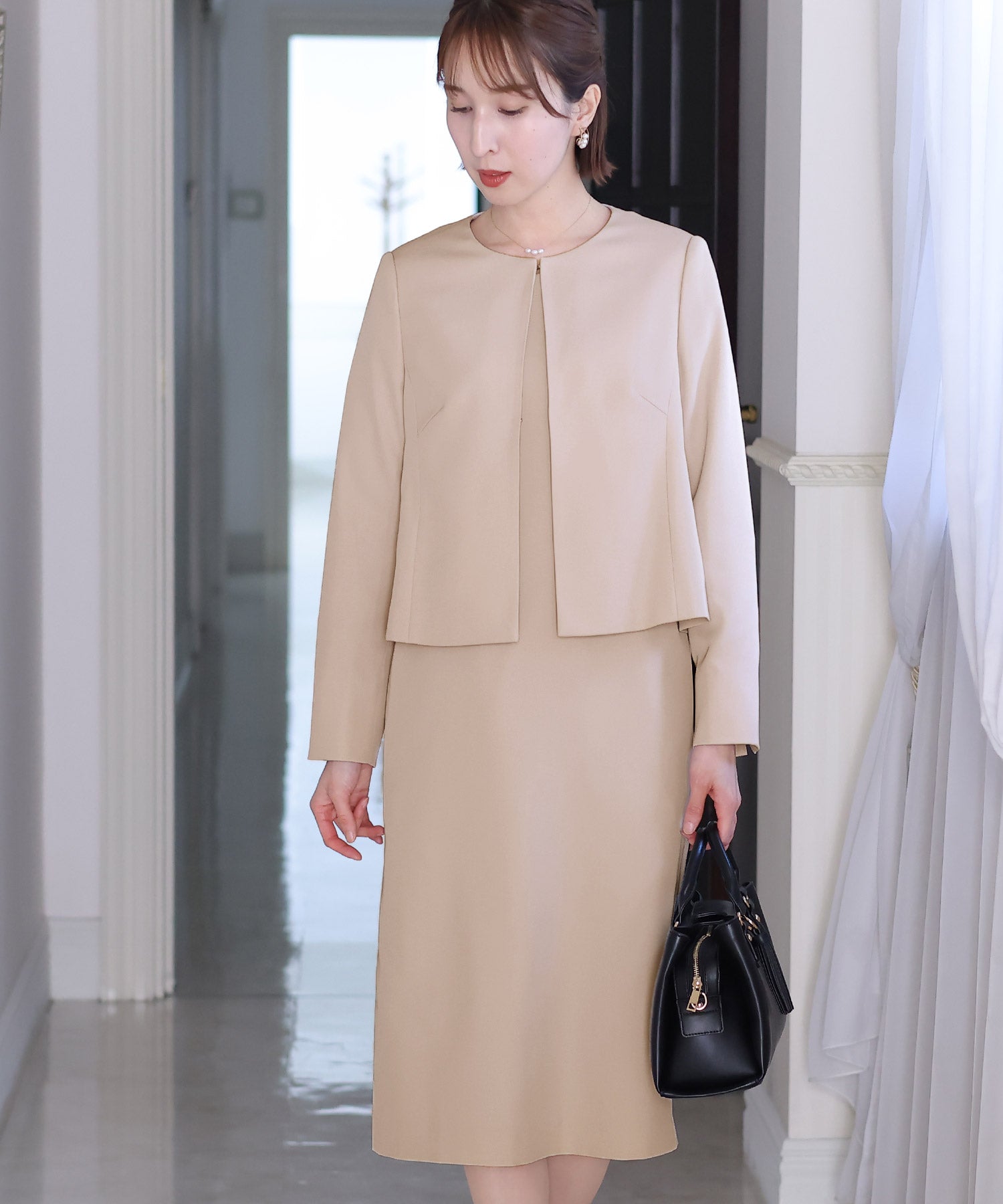 プールヴー PourVous シンプルワンピース×ノーカラージャケットセット