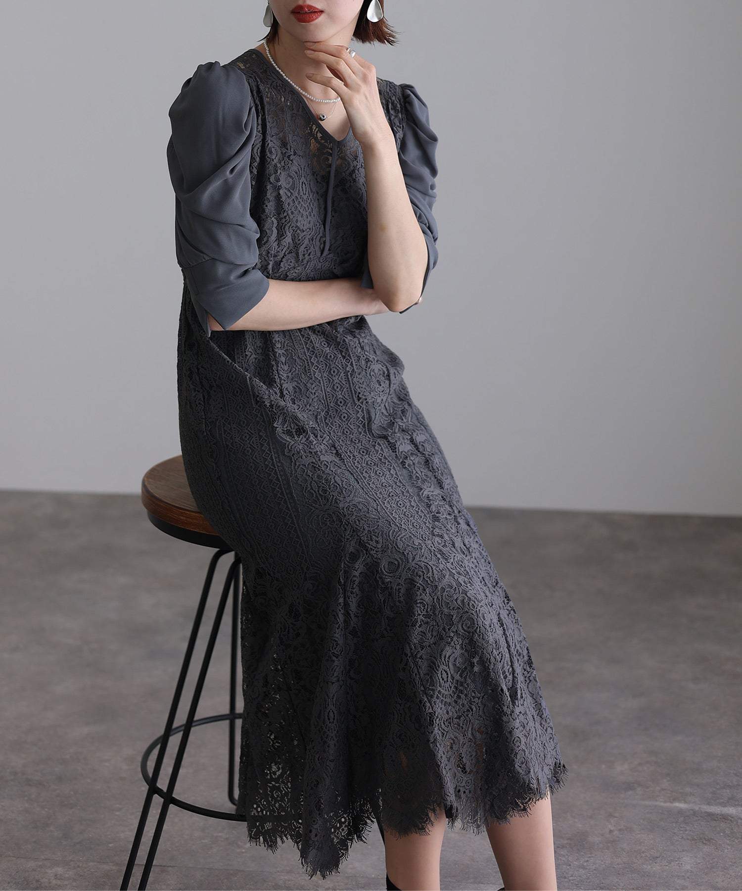 mermaid midi dress formal Embellished Lace Mermaid Midi Dress Lace Taupe / XS main image 0