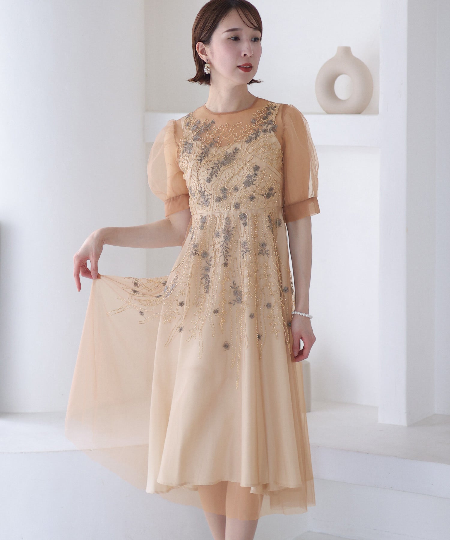 プールヴー PourVous ビーズ刺繍パーティードレスお呼ばれロング&袖あり結婚式フォーマル ワンピース 20代 30代 40代 （モーヴ） モーヴ