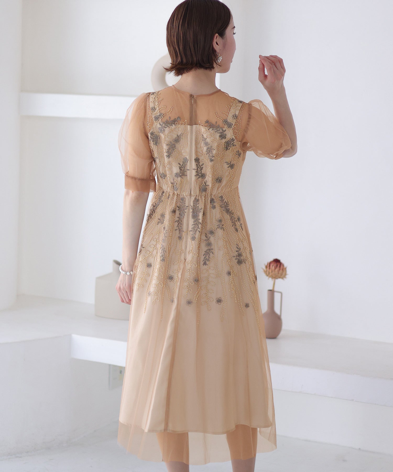 プールヴー PourVous ビーズ刺繍パーティードレスお呼ばれロング&袖あり結婚式フォーマル ワンピース 20代 30代 40代 （モーヴ） モーヴ