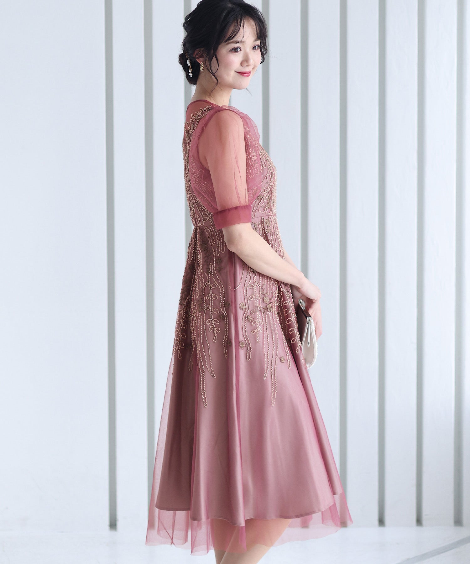 プールヴー PourVous ビーズ刺繍パーティードレスお呼ばれロング&袖あり結婚式フォーマル ワンピース 20代 30代 40代 （モーヴ） モーヴ