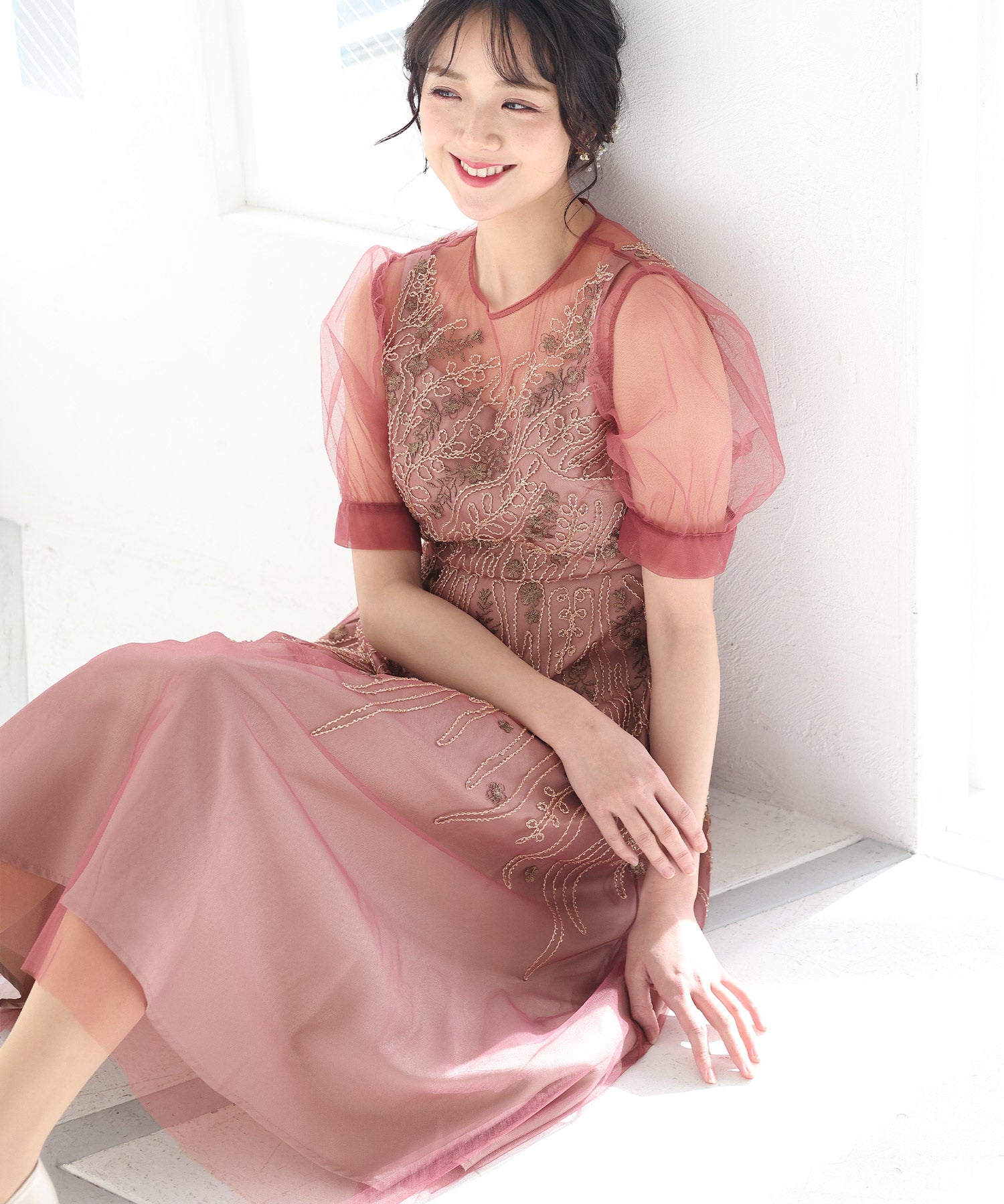 プールヴー PourVous ビーズ刺繍パーティードレスお呼ばれロング&袖あり結婚式フォーマル ワンピース 20代 30代 40代 （モーヴ） モーヴ