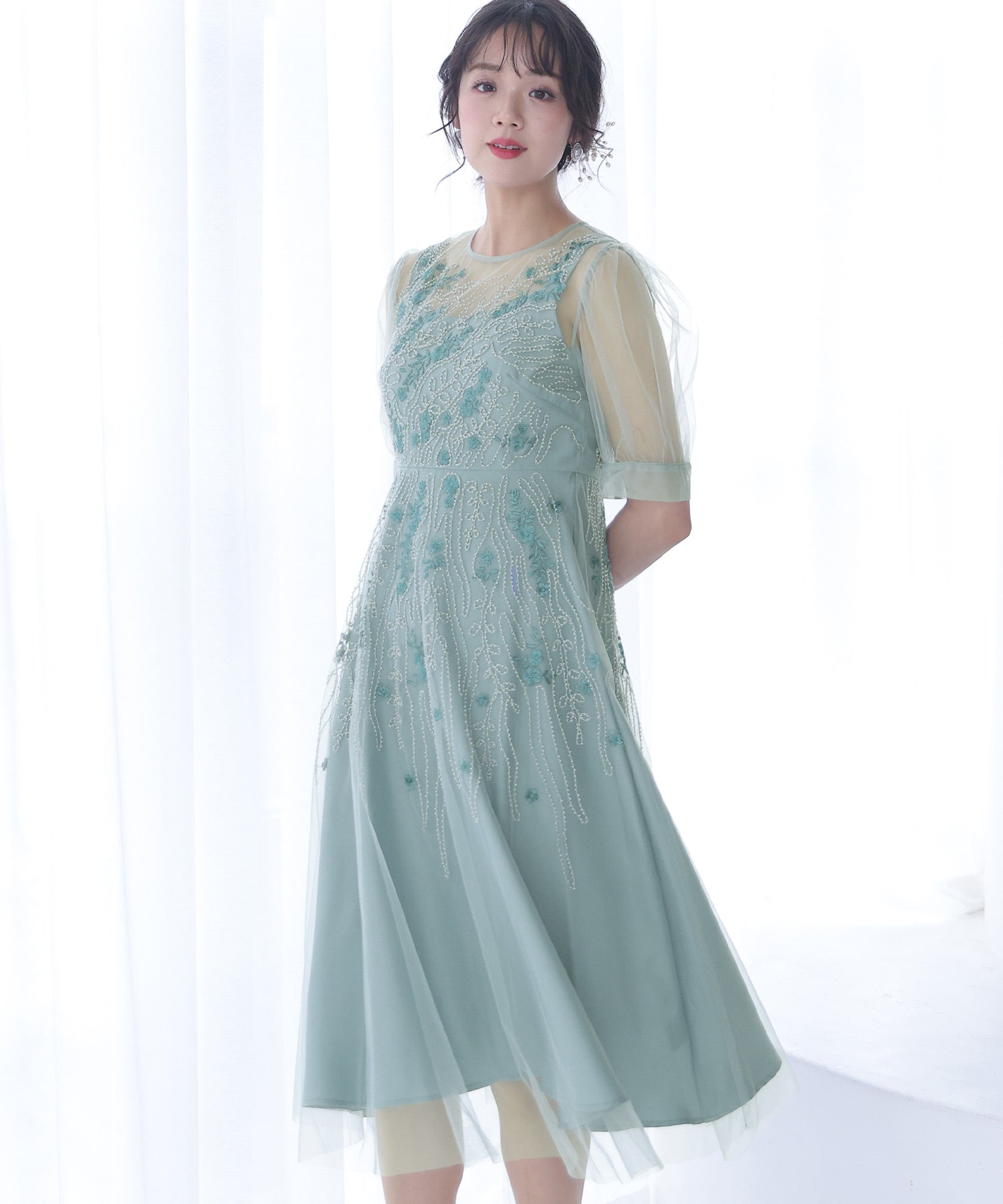 プールヴー PourVous ビーズ刺繍パーティードレスお呼ばれロング&袖あり結婚式フォーマル ワンピース 20代 30代 40代 （モーヴ） モーヴ
