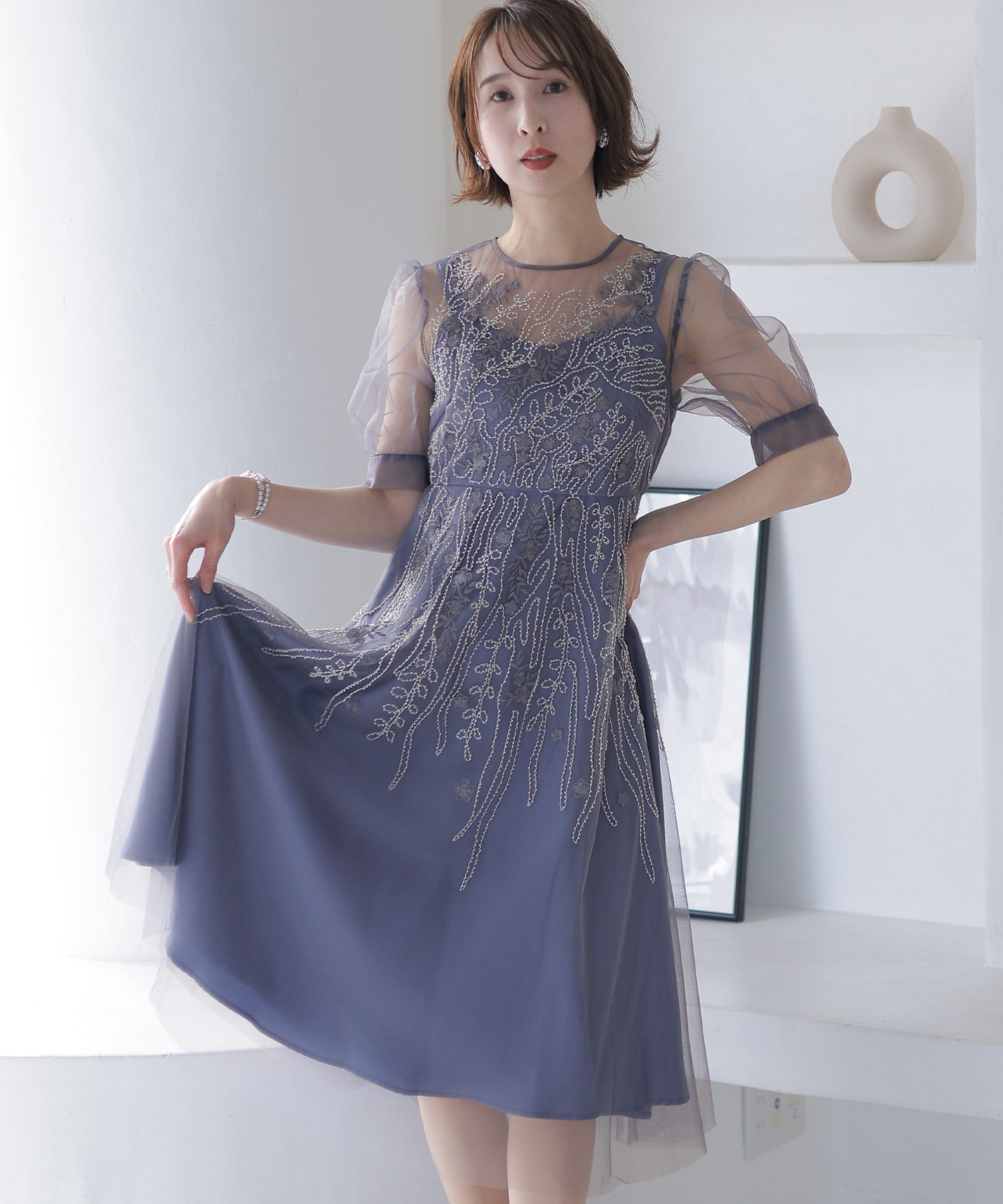 プールヴー PourVous ビーズ刺繍パーティードレスお呼ばれロング&袖あり結婚式フォーマル ワンピース 20代 30代 40代 （モーヴ） モーヴ
