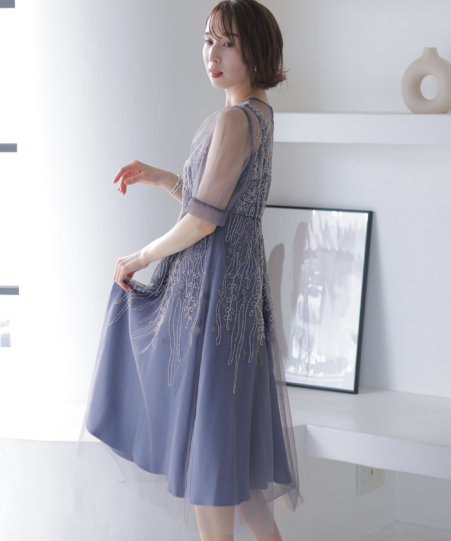 プールヴー PourVous ビーズ刺繍パーティードレスお呼ばれロング&袖あり結婚式フォーマル ワンピース 20代 30代 40代 （モーヴ） モーヴ