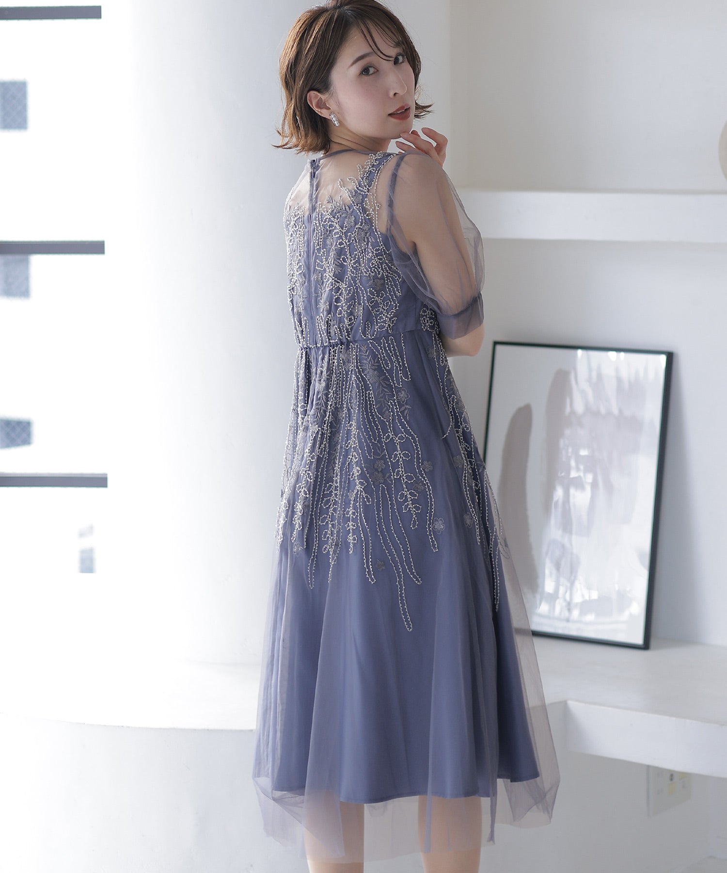 プールヴー PourVous ビーズ刺繍パーティードレスお呼ばれロング&袖あり結婚式フォーマル ワンピース 20代 30代 40代 （モーヴ） モーヴ