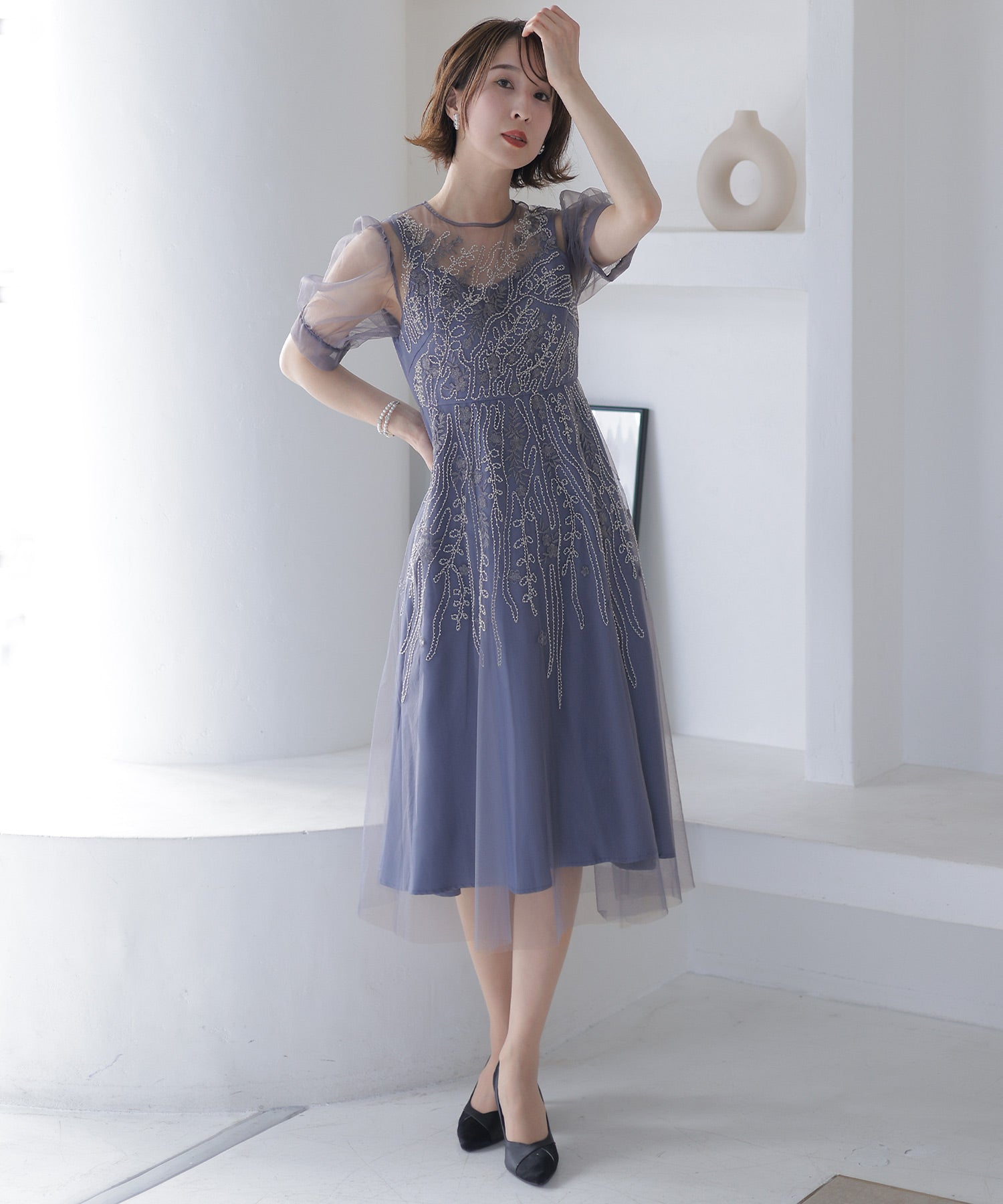 プールヴー PourVous ビーズ刺繍パーティードレスお呼ばれロング&袖あり結婚式フォーマル ワンピース 20代 30代 40代 （モーヴ） モーヴ