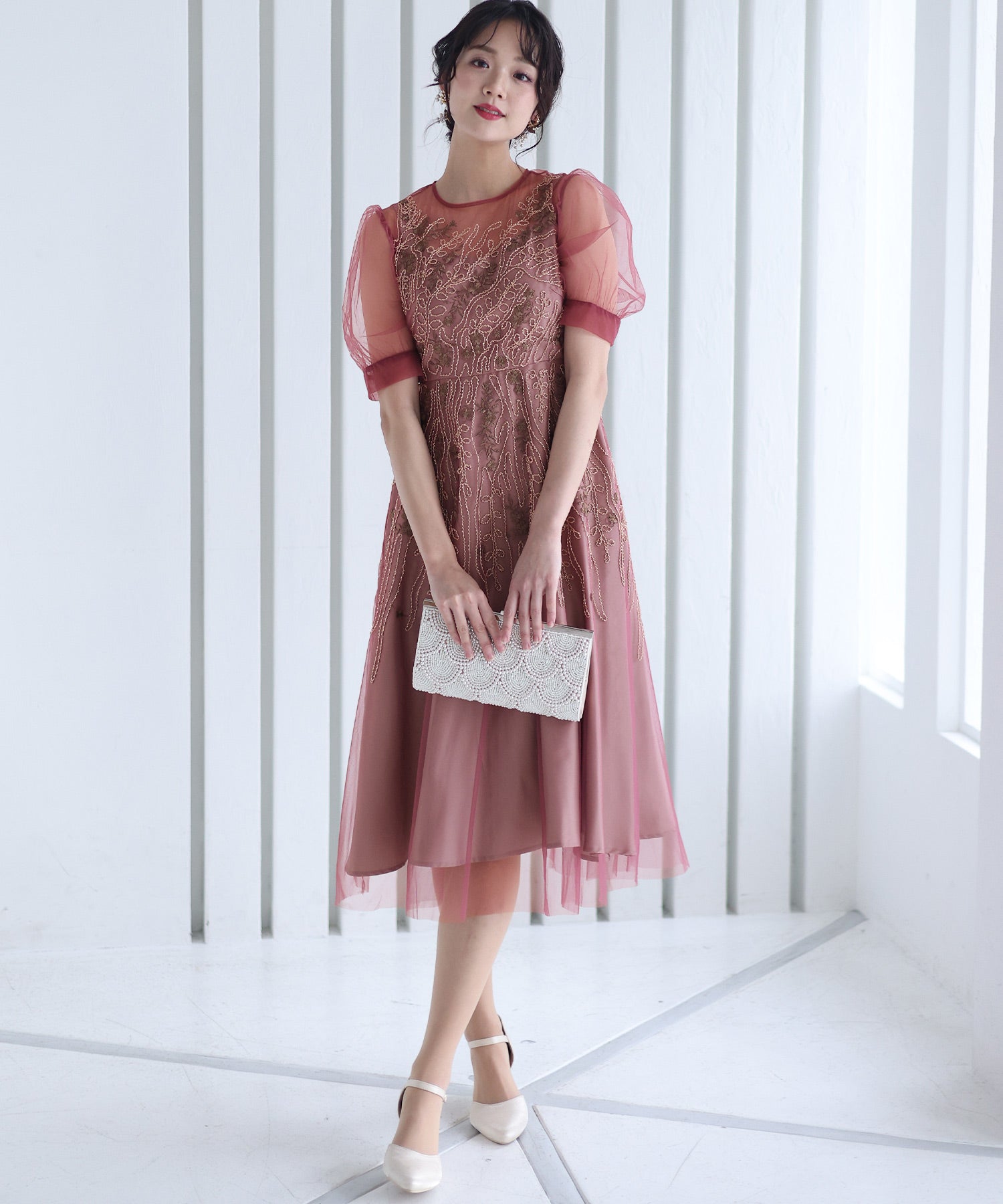 プールヴー PourVous ビーズ刺繍パーティードレスお呼ばれロング&袖あり結婚式フォーマル ワンピース 20代 30代 40代 （モーヴ） モーヴ