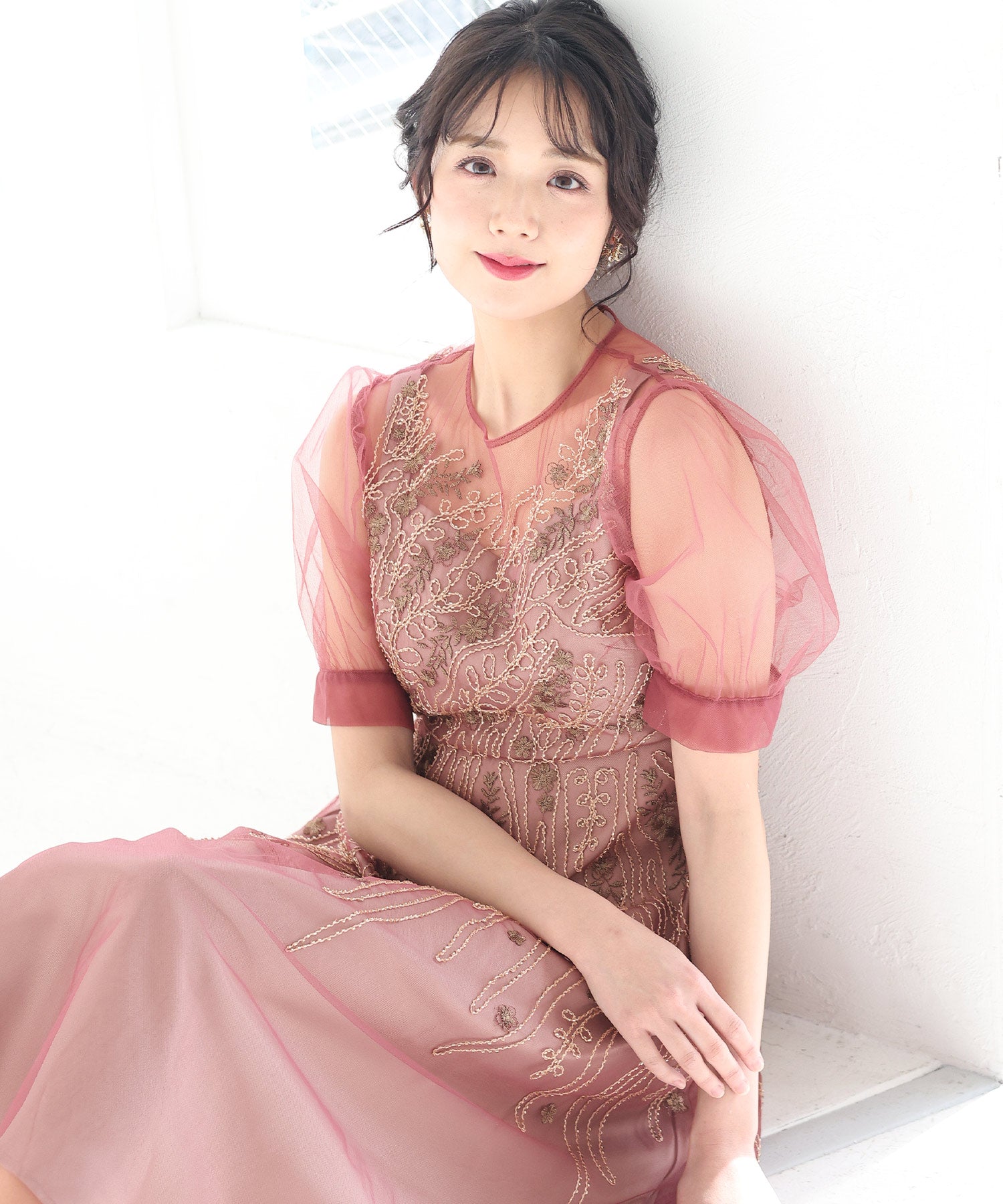 プールヴー PourVous ビーズ刺繍パーティードレスお呼ばれロング&袖あり結婚式フォーマル ワンピース 20代 30代 40代 （オールドローズ） オールドローズ