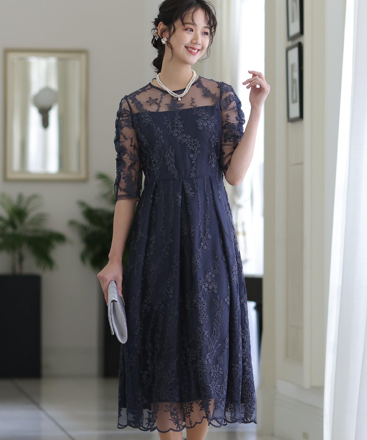 PourVous 3/4 Sleeve &amp; Mid-Length Party Dress, Flower Lace, Large Size, Wedding Formal Dress, 20s, 30s, 40s