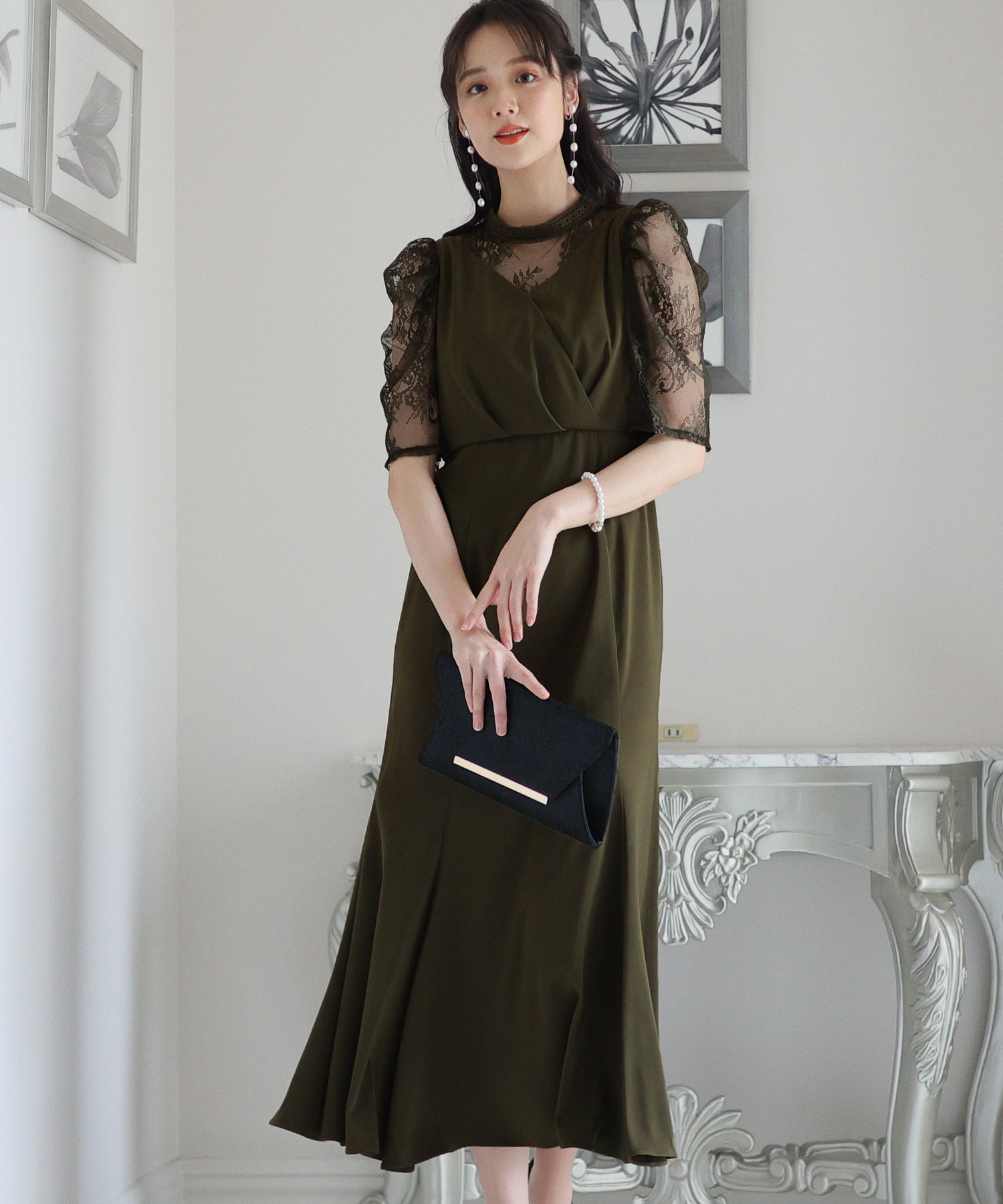 プールヴー PourVous ミモレ丈&七分袖フォーマルマーメイドシルエットセレモニー結婚式パーティードレス ワンピース 20代 30代 40代 （カーキ） カーキ