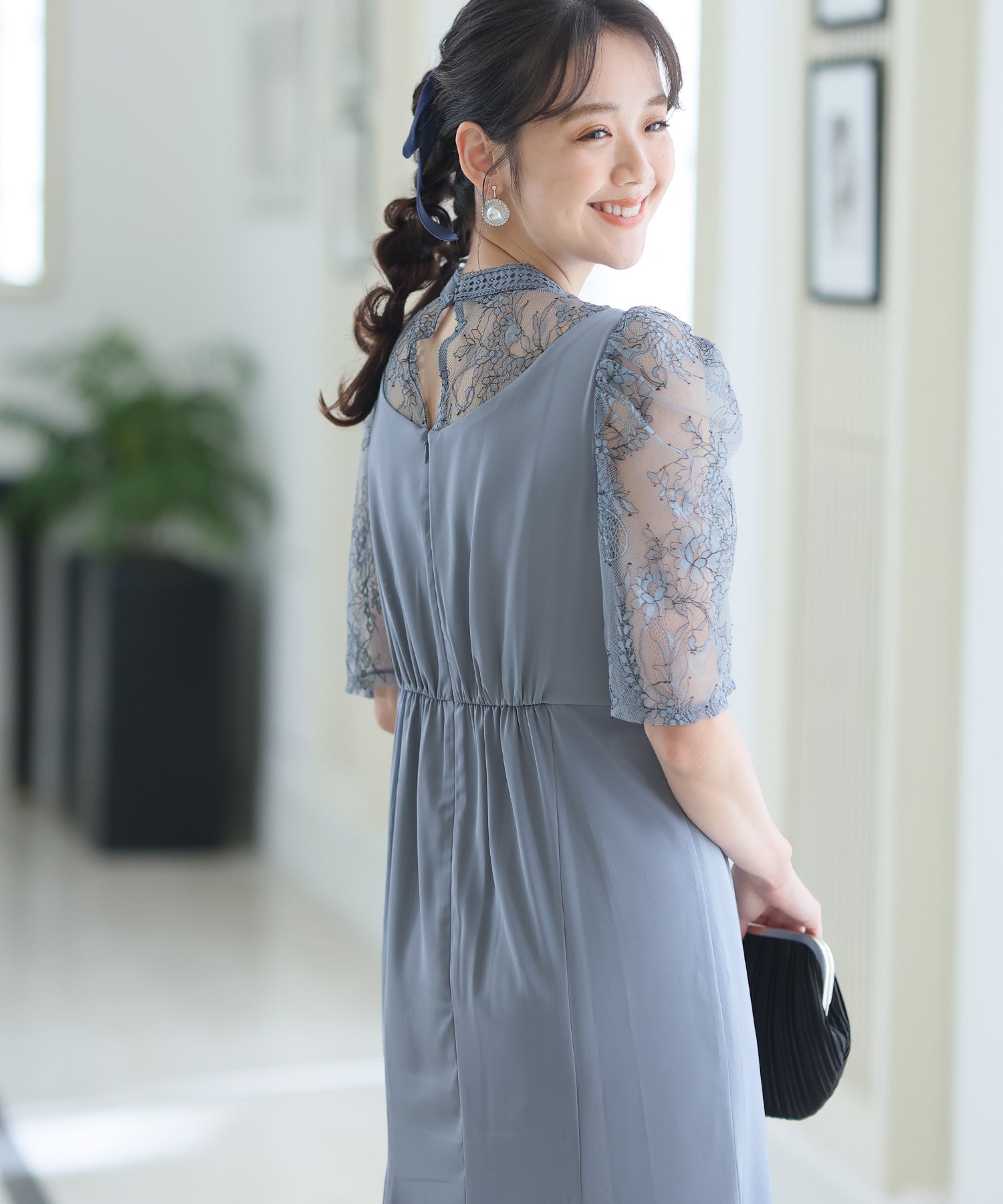 プールヴー PourVous ミモレ丈&七分袖フォーマルマーメイドシルエットセレモニー結婚式パーティードレス ワンピース 20代 30代 40代 （ブルーグレー） ブルーグレー