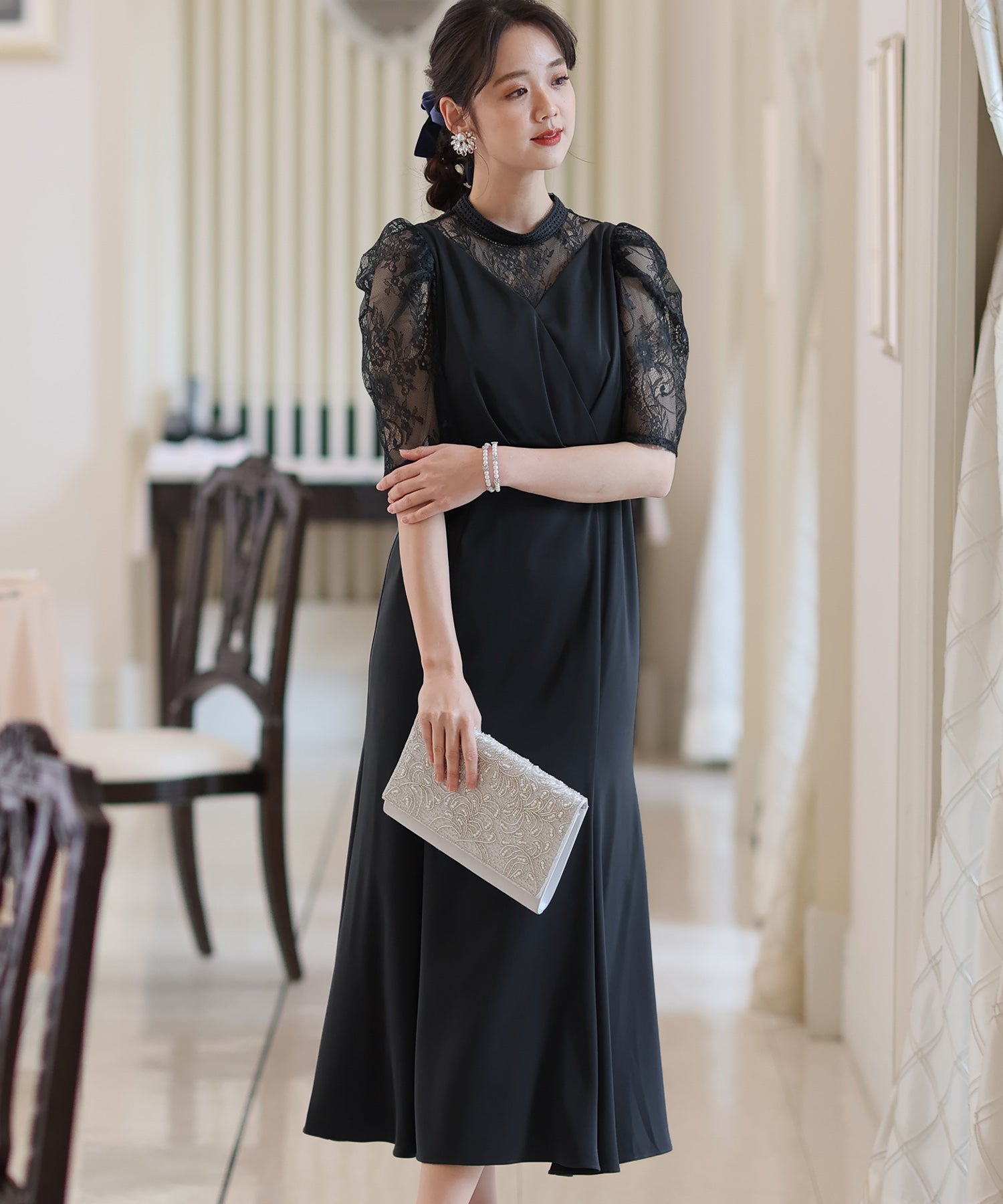 プールヴー PourVous ミモレ丈&七分袖フォーマルマーメイドシルエットセレモニー結婚式パーティードレス ワンピース 20代 30代 40代 （ダークネイビー） ダークネイビー