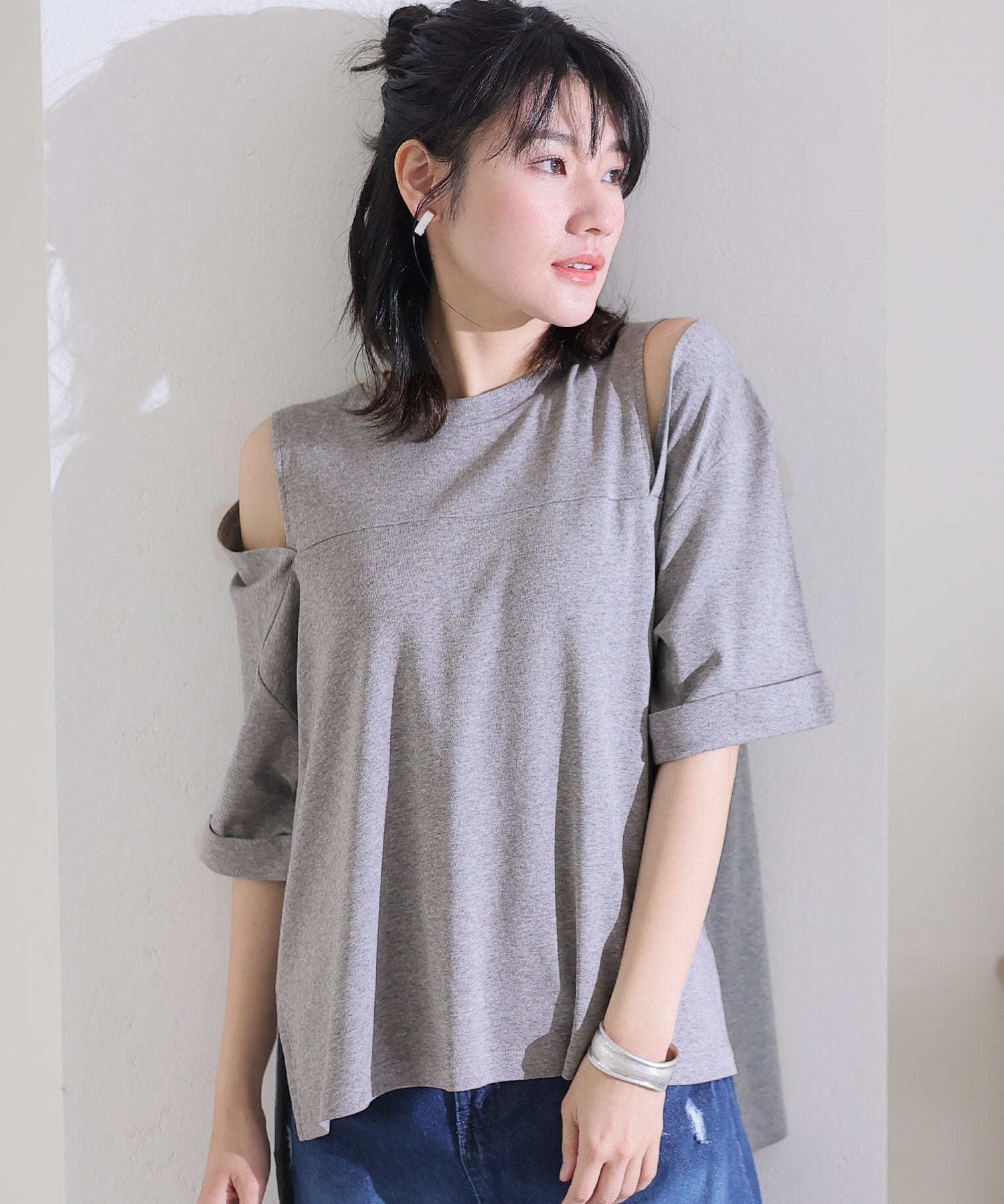 プールヴー PourVous ショルダーオープン半袖Tシャツ （杢グレー） 杢グレー