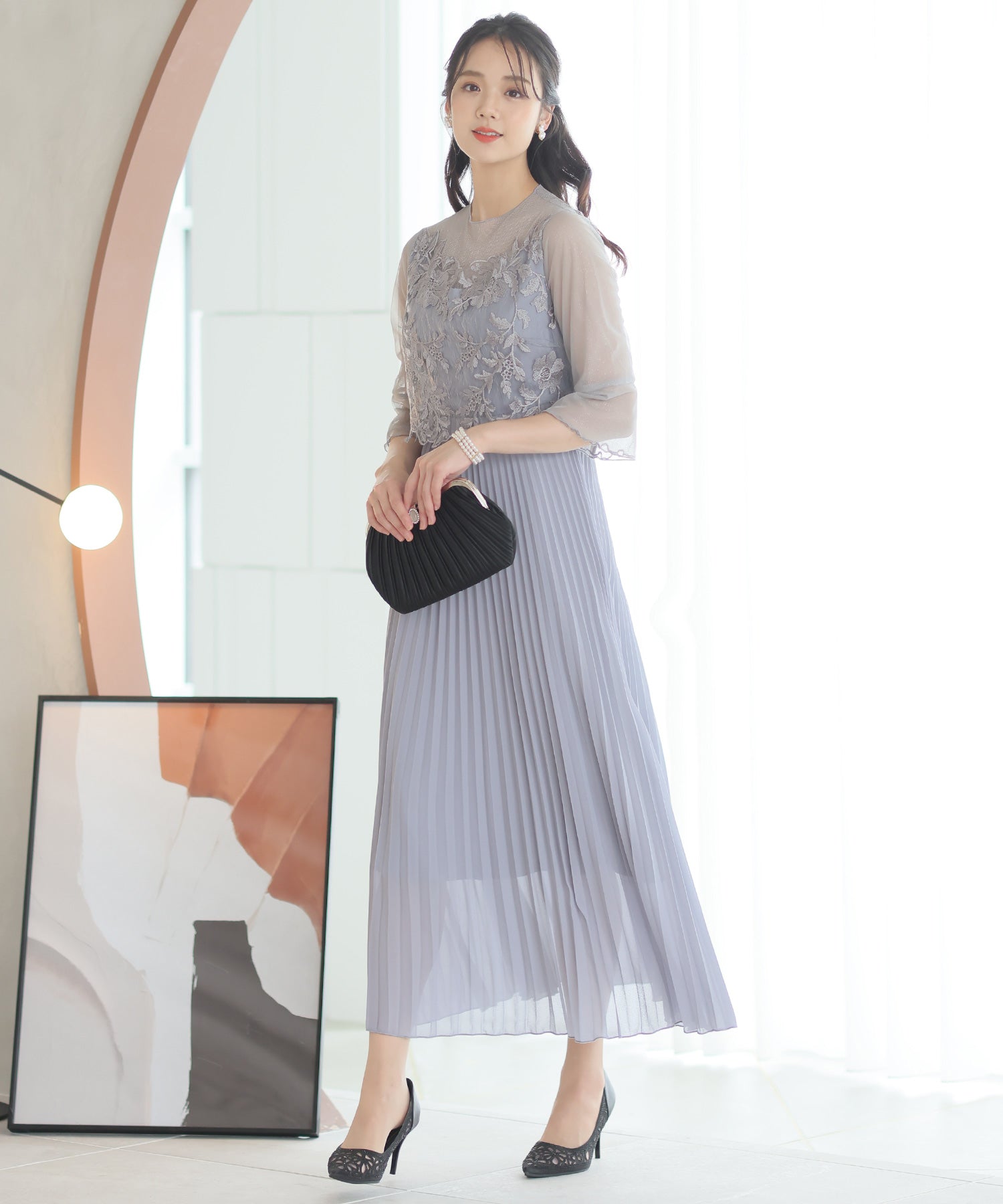 プールヴー PourVous 結婚式パーティードレスラメチュールミモレ丈&七分袖セレモニーフォーマル ワンピース 20代 30代 40代,ブルーグレー