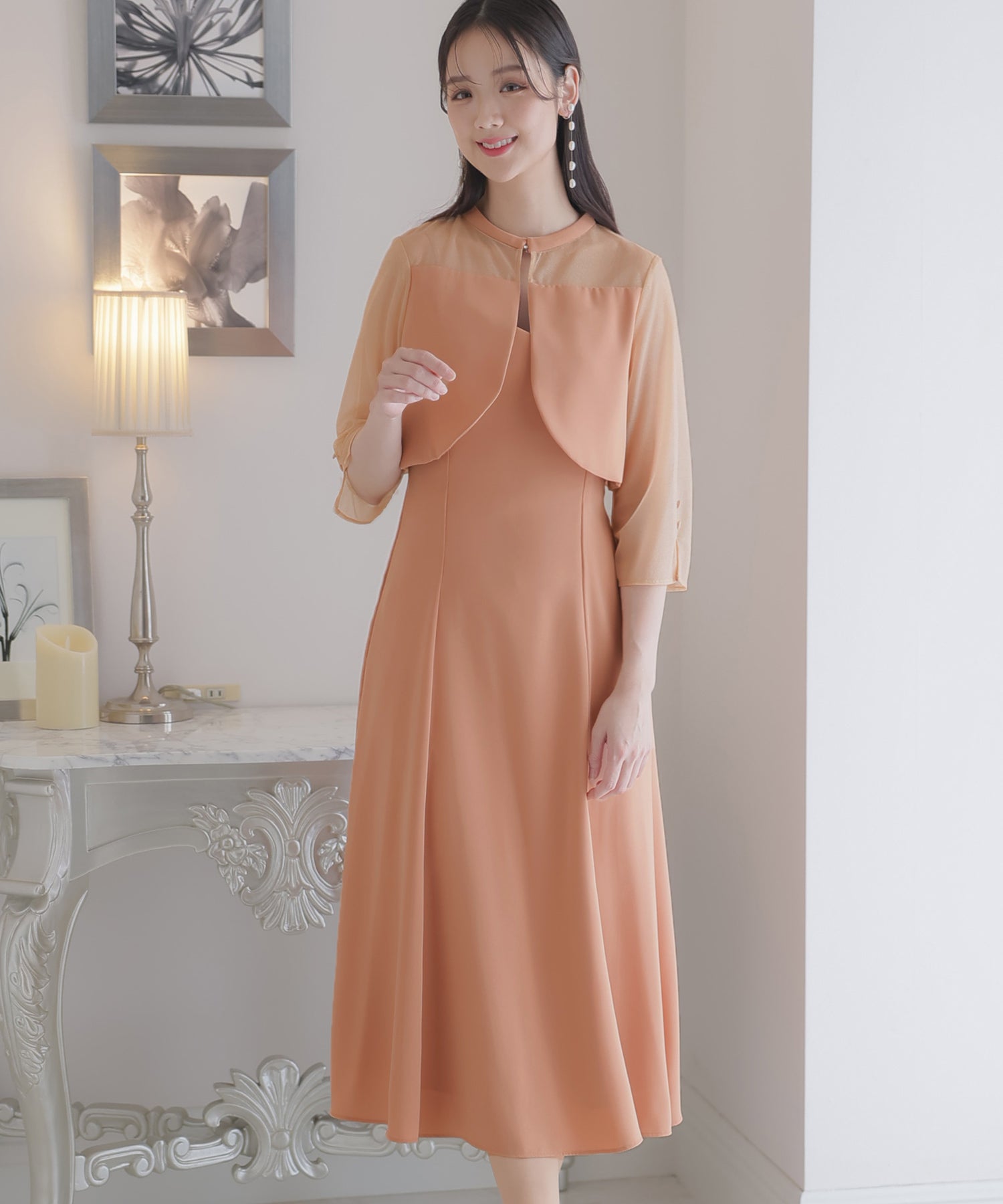 プールヴー PourVous 2Wayトップスパーティードレスお呼ばれミモレ丈&七分袖結婚式フォーマル ワンピース 20代 30代 40代 （ライトオレンジ） ライトオレンジ