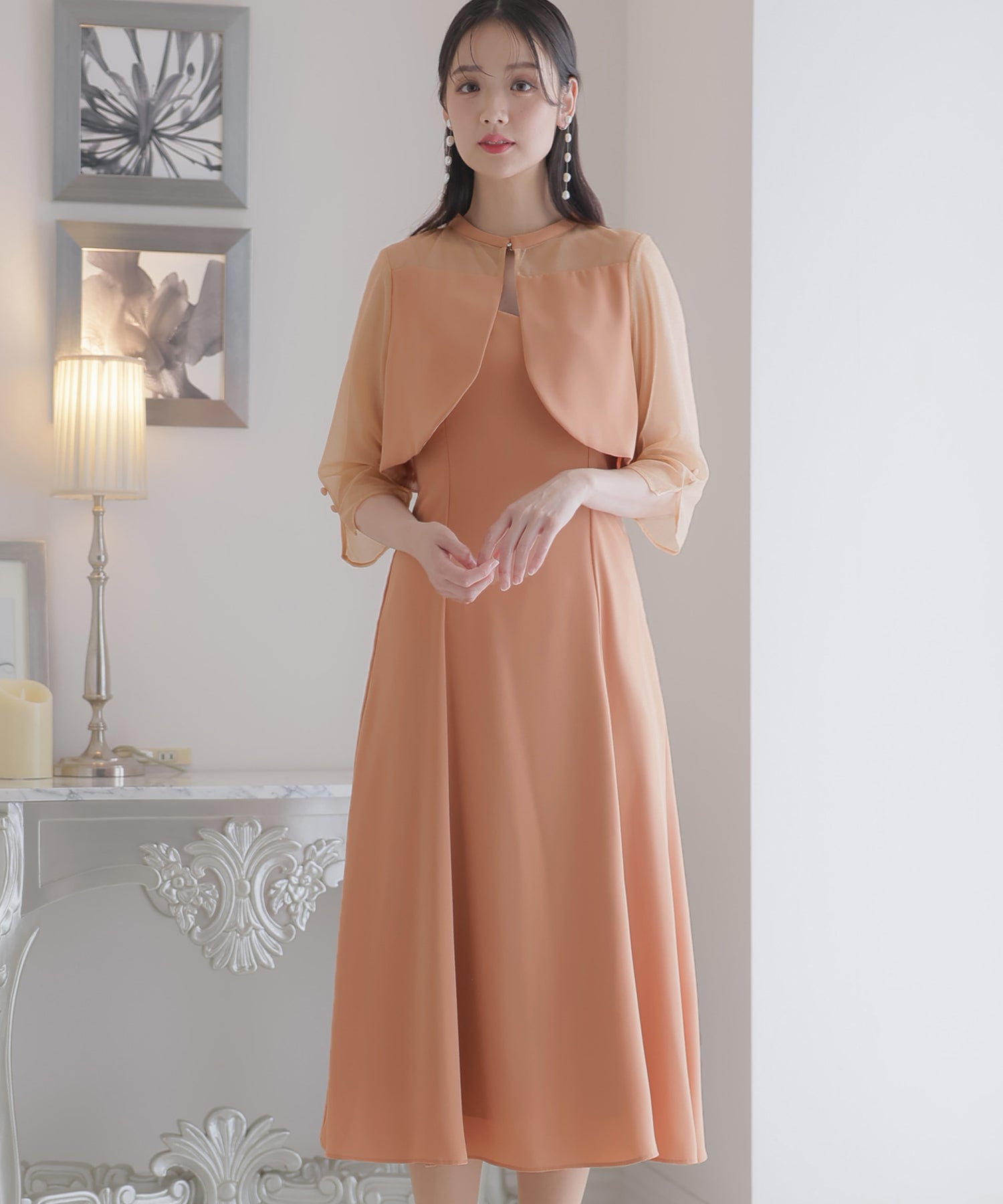 プールヴー PourVous 2Wayトップスパーティードレスお呼ばれミモレ丈&七分袖結婚式フォーマル ワンピース 20代 30代 40代 （ライトオレンジ） ライトオレンジ