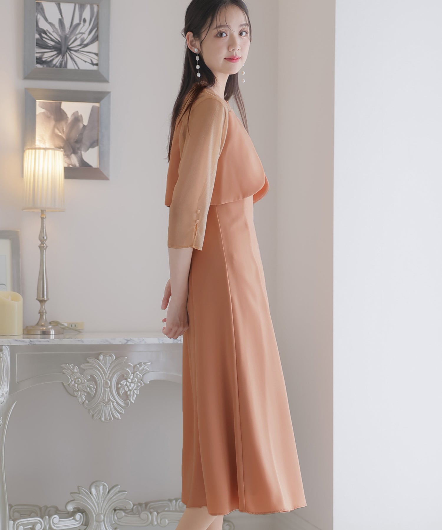 プールヴー PourVous 2Wayトップスパーティードレスお呼ばれミモレ丈&七分袖結婚式フォーマル ワンピース 20代 30代 40代 （ライトオレンジ） ライトオレンジ
