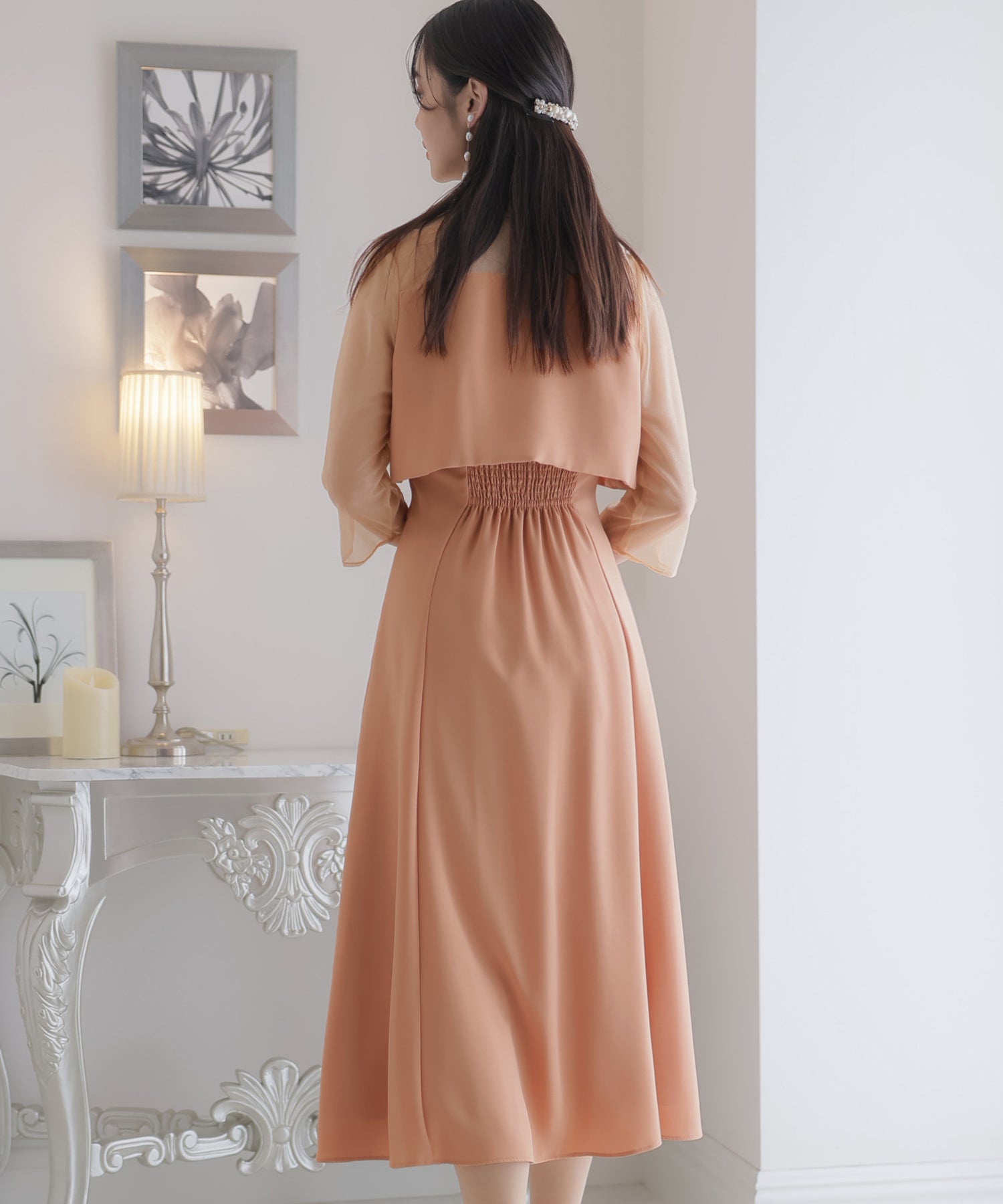 プールヴー PourVous 2Wayトップスパーティードレスお呼ばれミモレ丈&七分袖結婚式フォーマル ワンピース 20代 30代 40代 （ライトオレンジ） ライトオレンジ