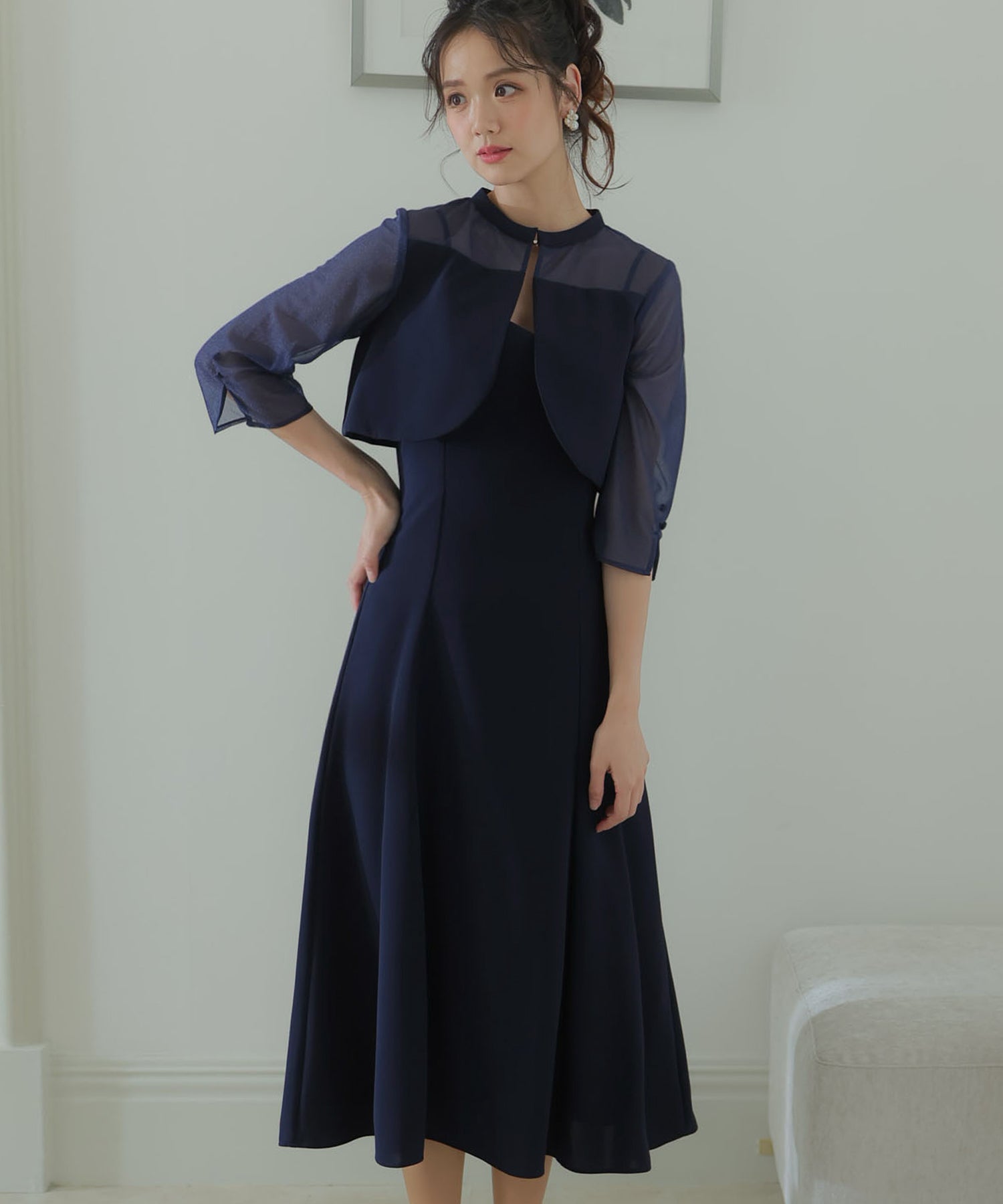 プールヴー PourVous 2Wayトップスパーティードレスお呼ばれミモレ丈&七分袖結婚式フォーマル ワンピース 20代 30代 40代 （ネイビー） ネイビー