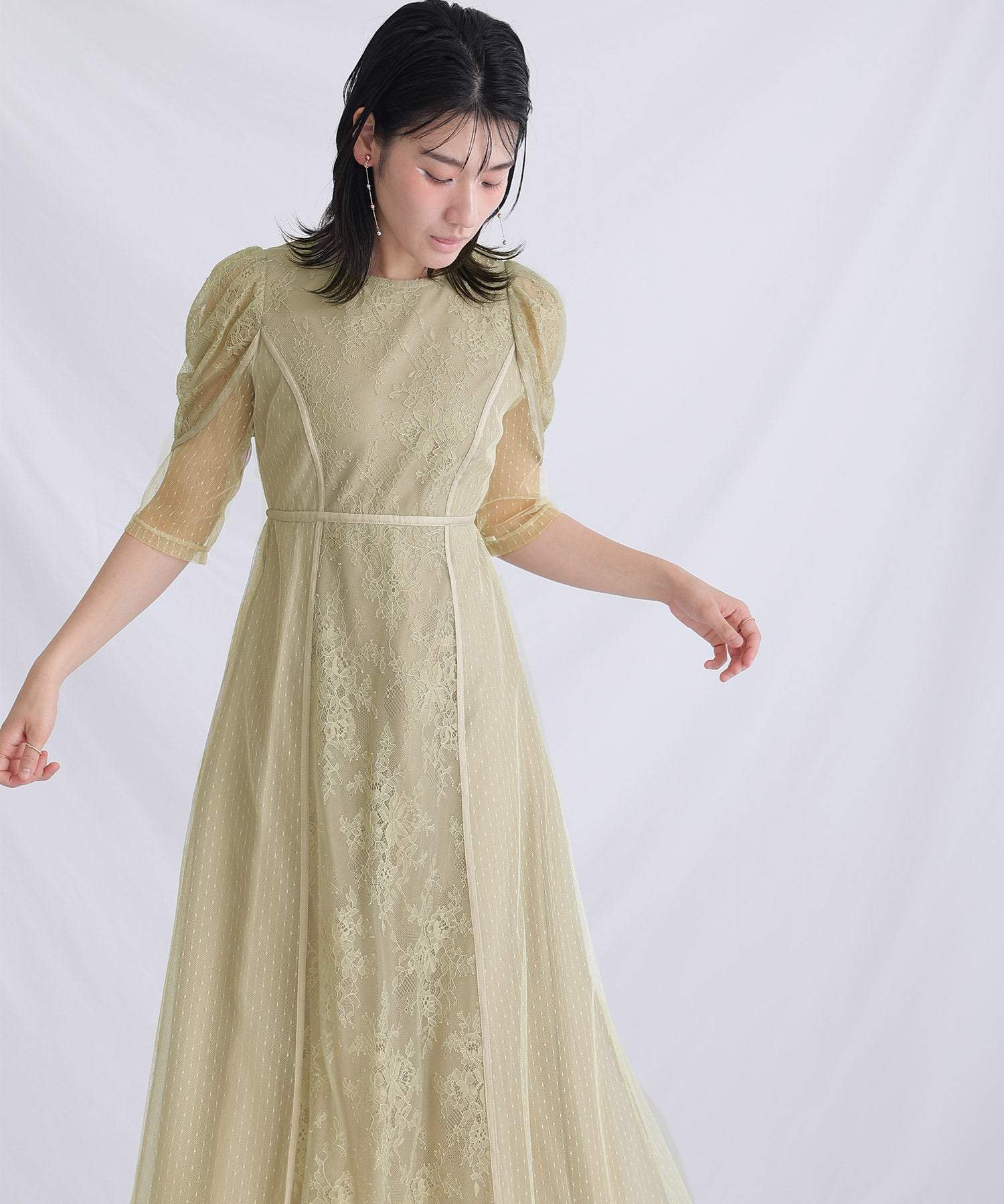 プールヴー PourVous 五分袖&ミモレ丈パーティードレスレースお呼ばれ結婚式フォーマル ワンピース 20代 30代 40代 （グリーン） グリーン