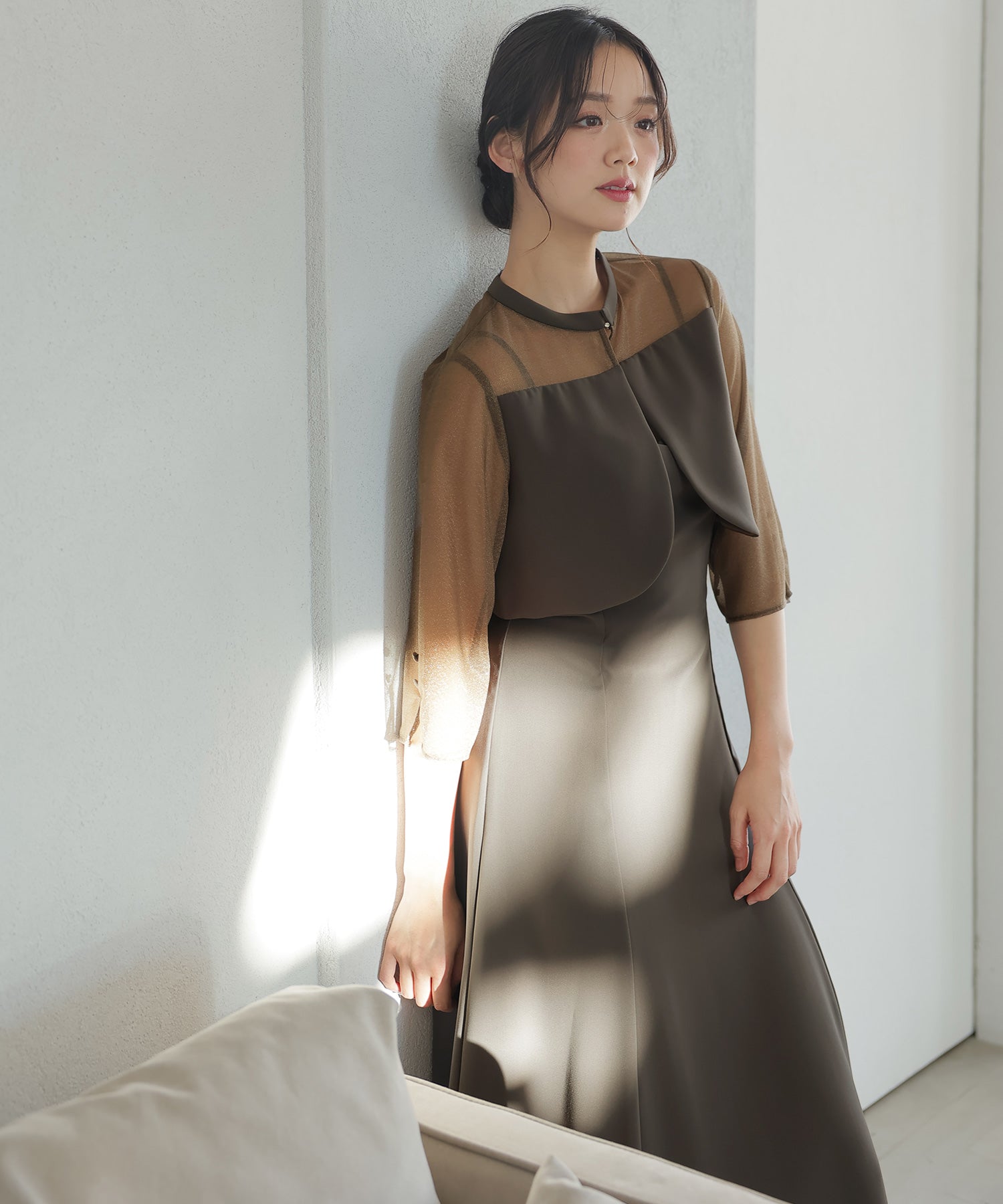 プールヴー PourVous 2Wayトップスパーティードレスお呼ばれミモレ丈&七分袖結婚式フォーマル ワンピース 20代 30代 40代 （ブラウン） ブラウン