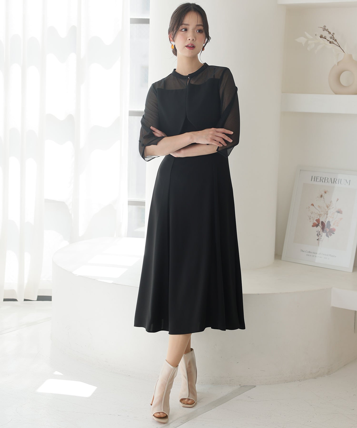 プールヴー PourVous 2Wayトップスパーティードレスお呼ばれミモレ丈&七分袖結婚式フォーマル ワンピース 20代 30代 40代 （ブラック） ブラック