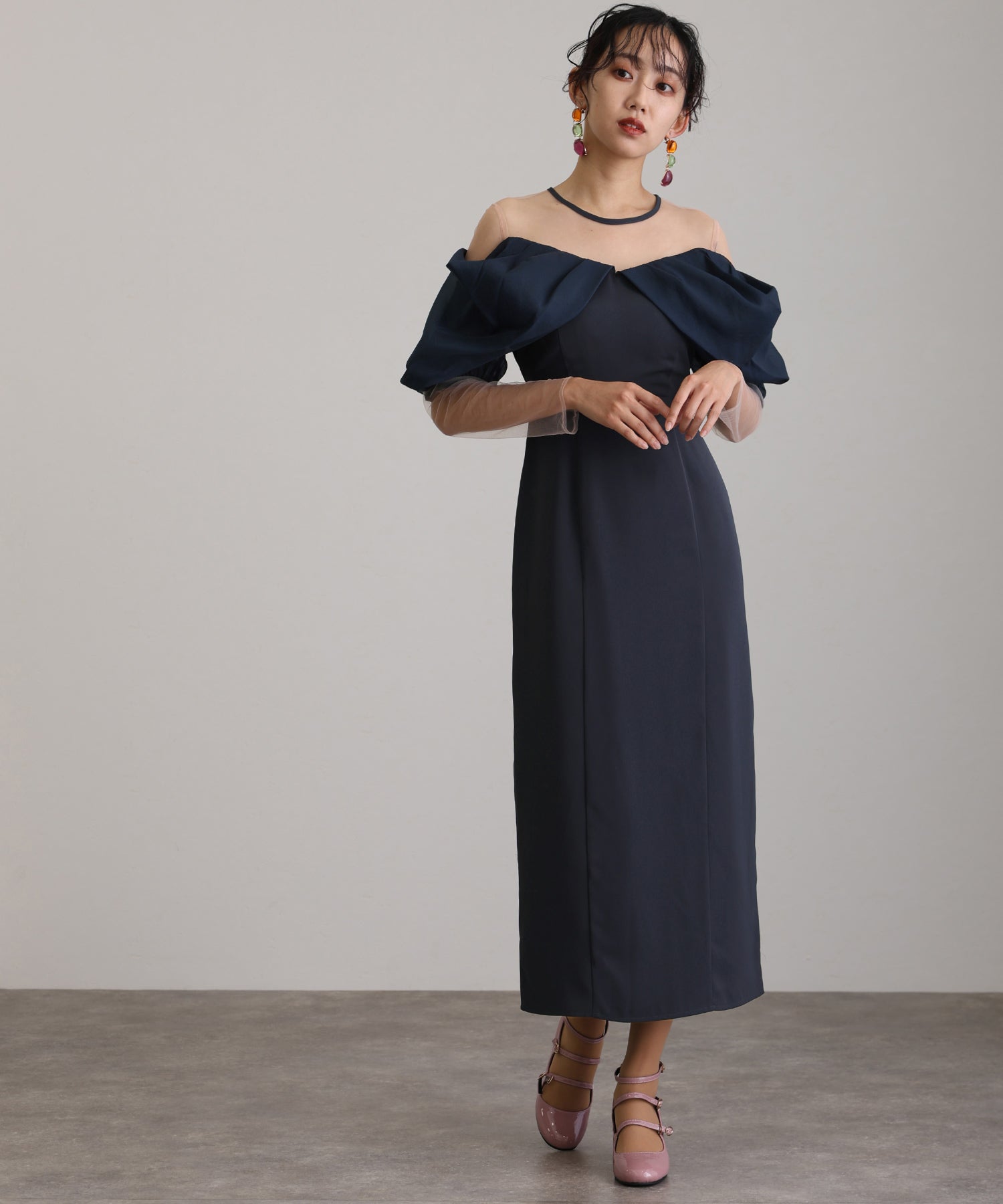プールヴー PourVous ミモレ丈&袖ありフォーマルオフショルセレモニー結婚式パーティードレス ワンピース 20代 30代 40代 （アッシュネイビー） アッシュネイビー
