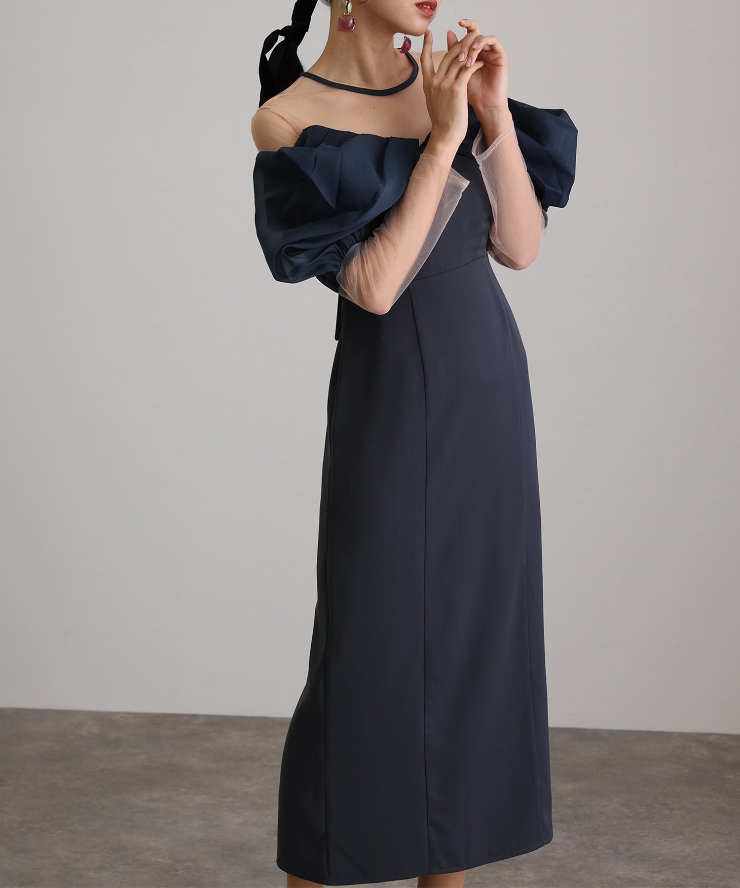 プールヴー PourVous ミモレ丈&袖ありフォーマルオフショルセレモニー