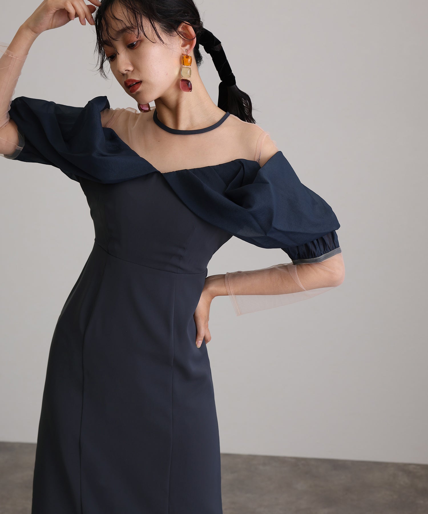 プールヴー PourVous ミモレ丈&袖ありフォーマルオフショルセレモニー結婚式パーティードレス ワンピース 20代 30代 40代 （アッシュネイビー） アッシュネイビー