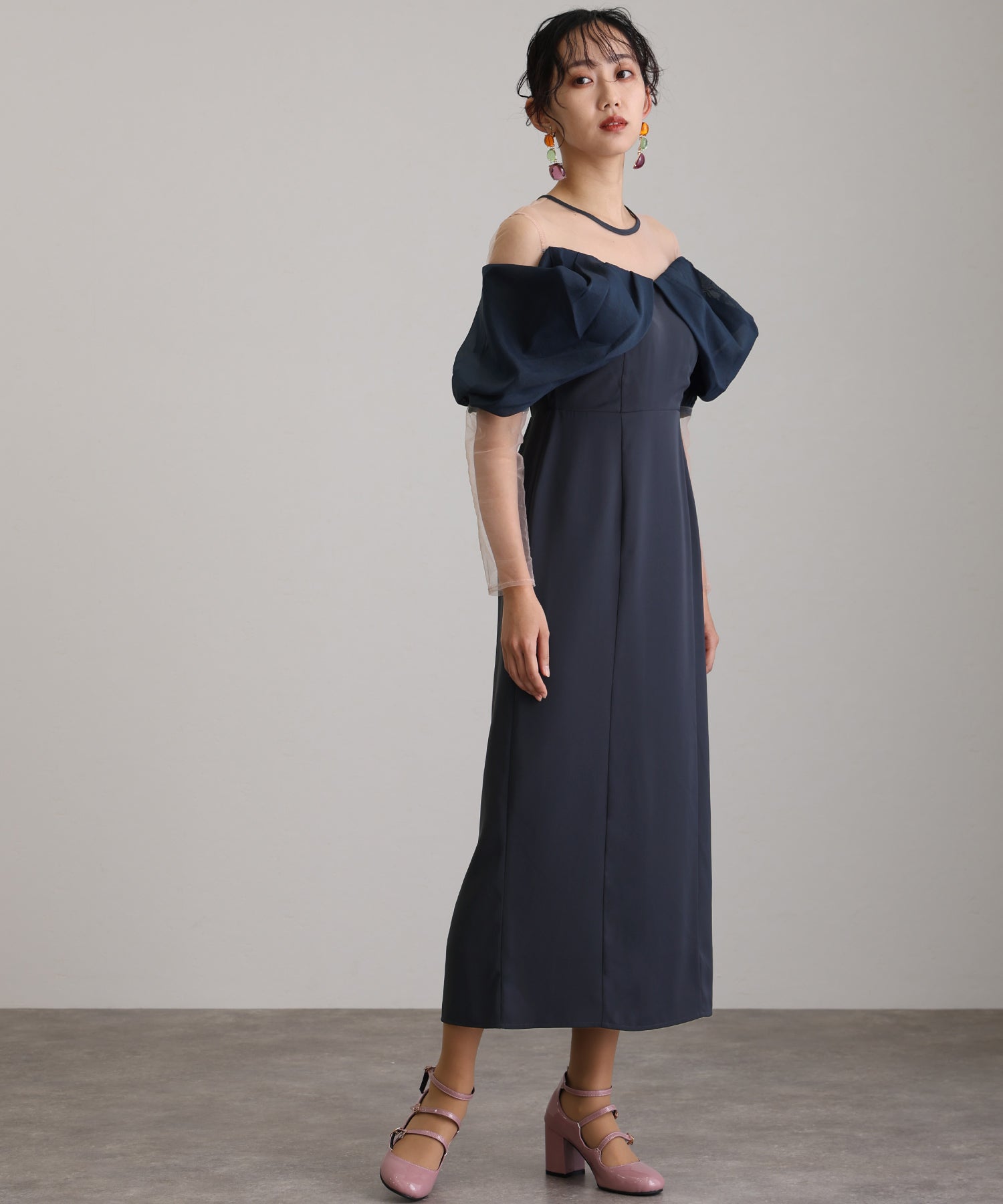 プールヴー PourVous ミモレ丈&袖ありフォーマルオフショルセレモニー結婚式パーティードレス ワンピース 20代 30代 40代 （アッシュネイビー） アッシュネイビー