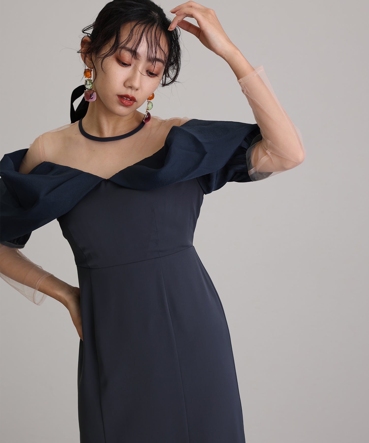 プールヴー PourVous ミモレ丈&袖ありフォーマルオフショルセレモニー結婚式パーティードレス ワンピース 20代 30代 40代 （アッシュネイビー） アッシュネイビー
