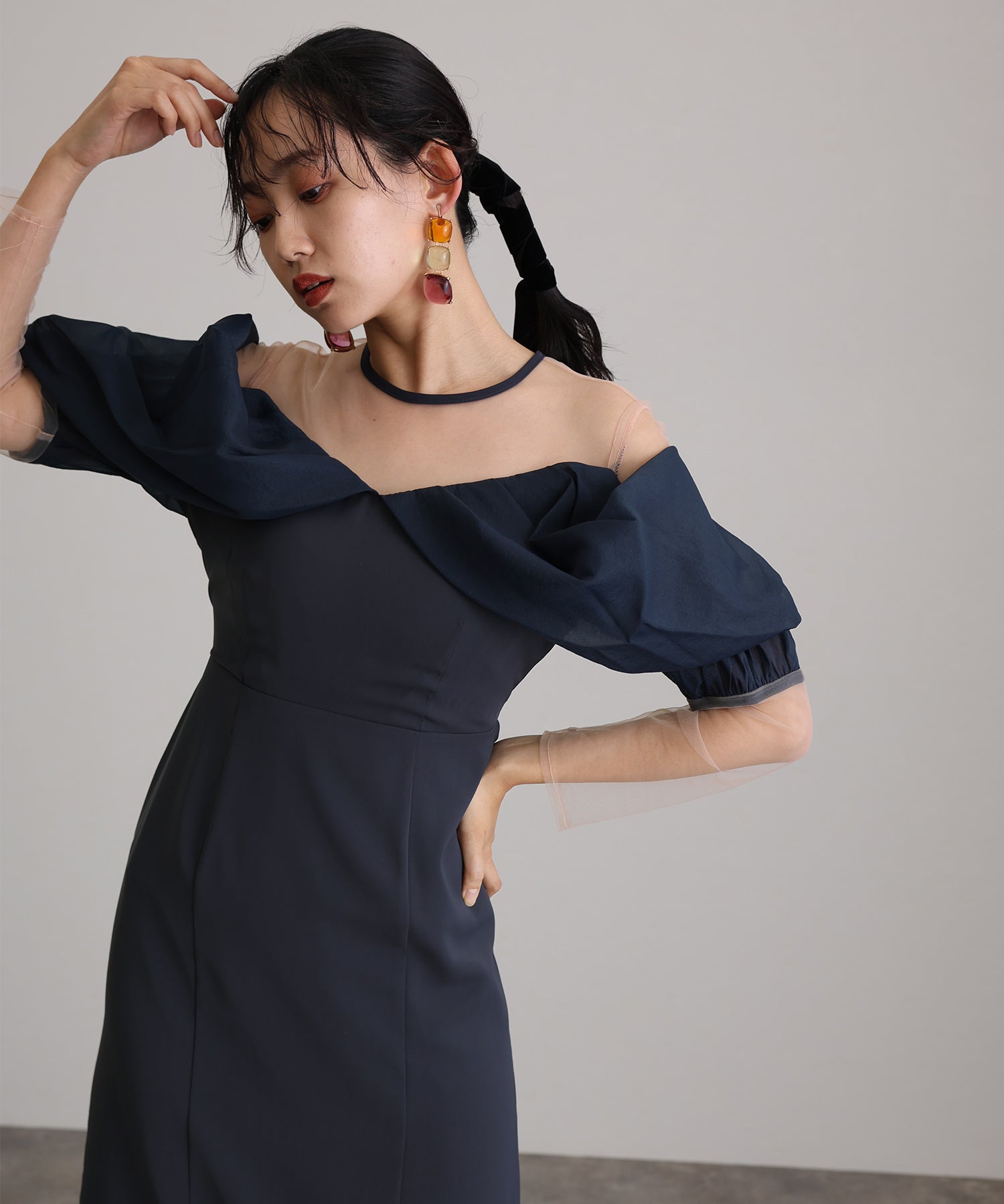 プールヴー PourVous ミモレ丈&袖ありフォーマルオフショルセレモニー結婚式パーティードレス ワンピース 20代 30代 40代 （アッシュネイビー） アッシュネイビー