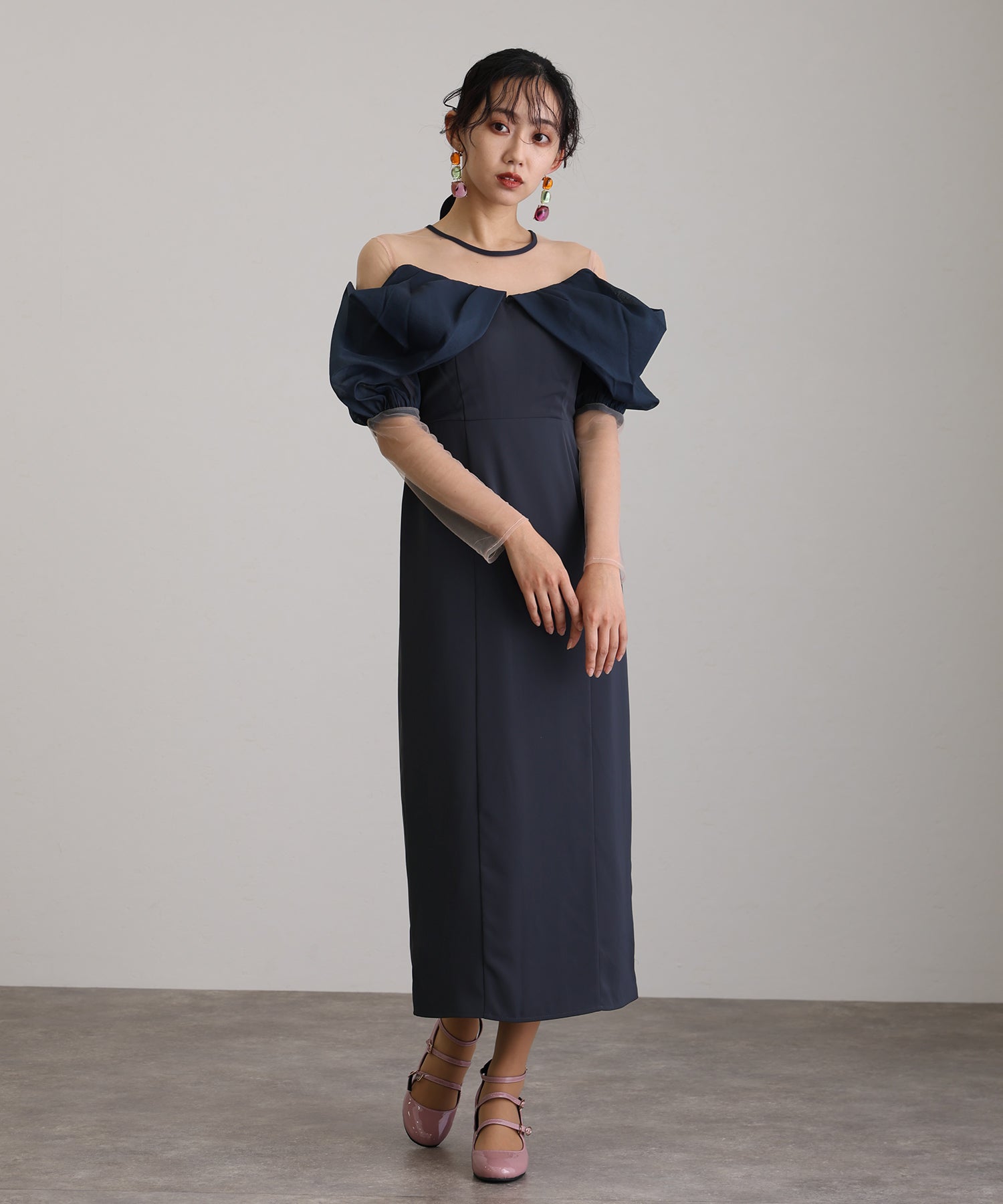 プールヴー PourVous ミモレ丈&袖ありフォーマルオフショルセレモニー結婚式パーティードレス ワンピース 20代 30代 40代 （アッシュネイビー） アッシュネイビー