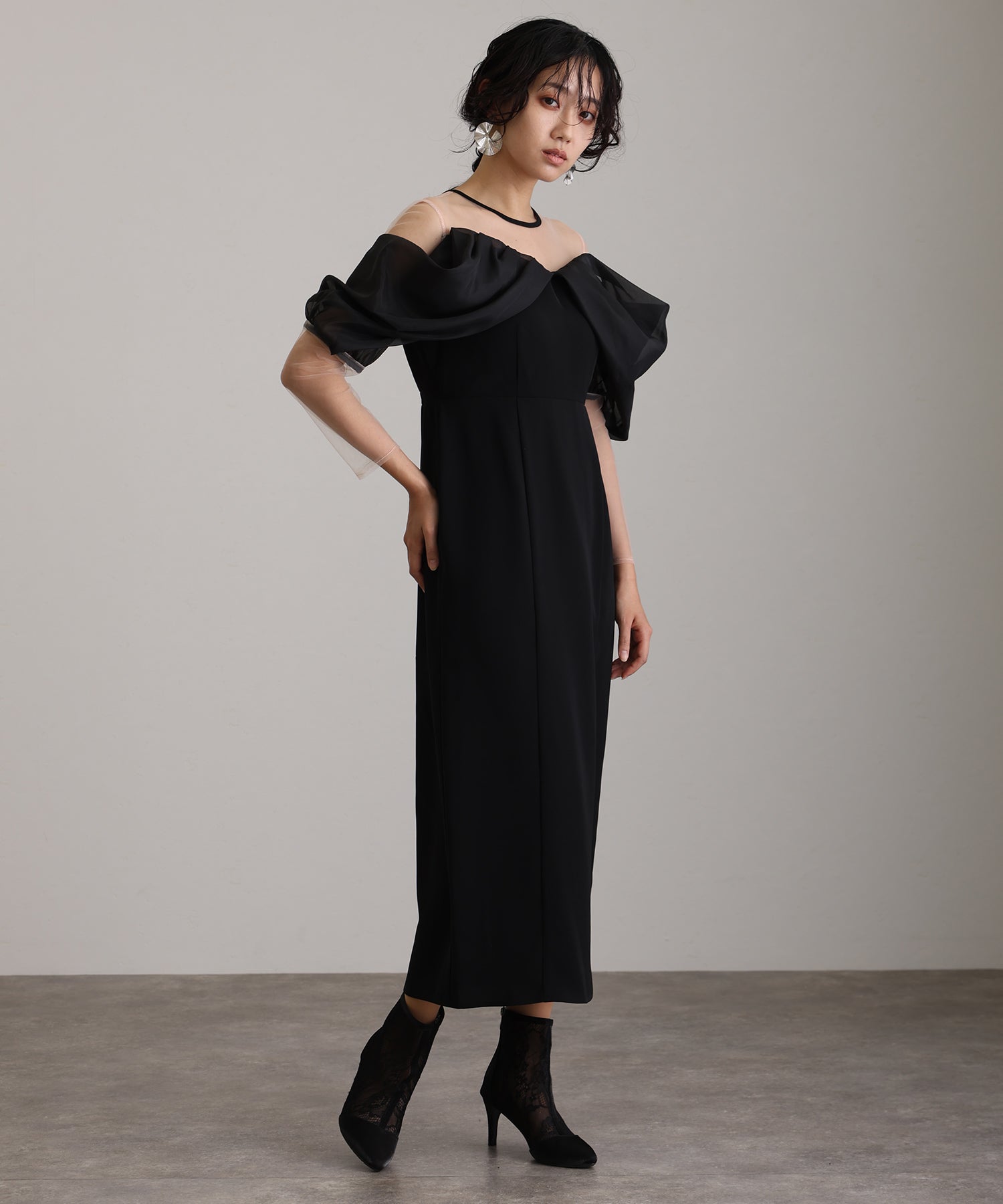 プールヴー PourVous ミモレ丈&袖ありフォーマルオフショルセレモニー結婚式パーティードレス ワンピース 20代 30代 40代