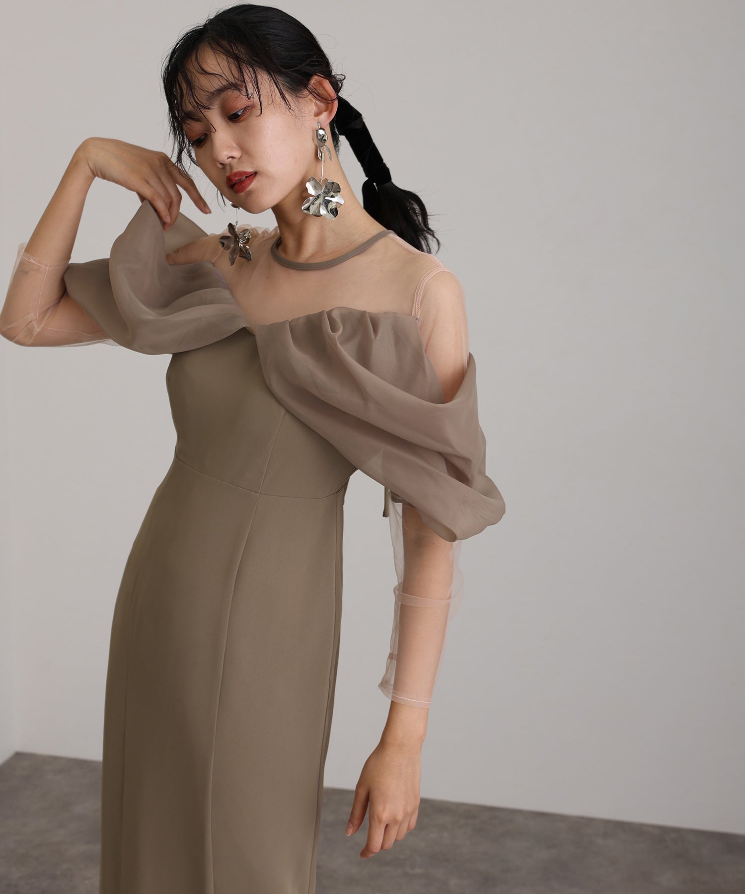 プールヴー PourVous ミモレ丈&袖ありフォーマルオフショルセレモニー結婚式パーティードレス ワンピース 20代 30代 40代
