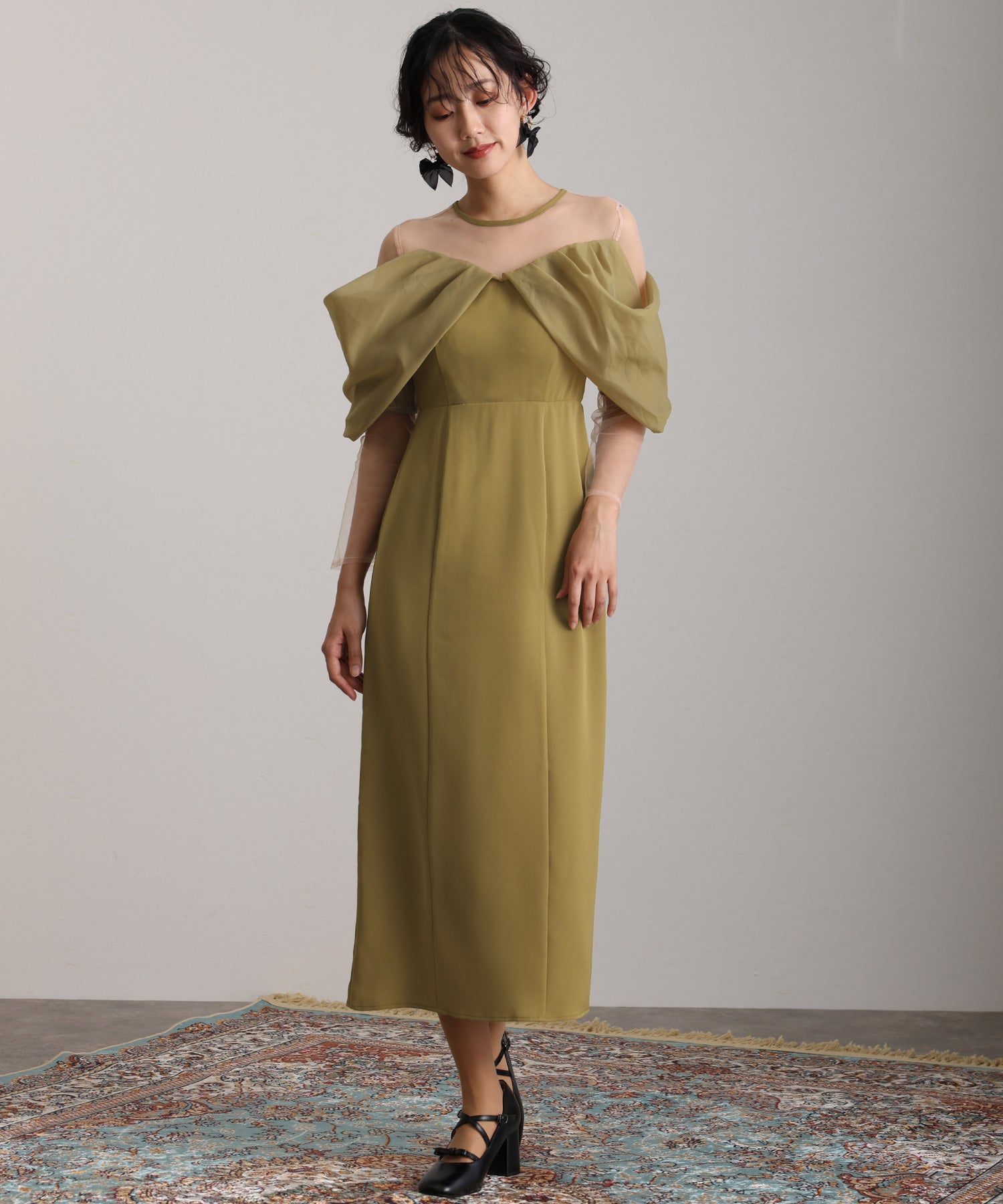 プールヴー PourVous ミモレ丈&袖ありフォーマルオフショルセレモニー結婚式パーティードレス ワンピース 20代 30代 40代 （イエロー） イエロー